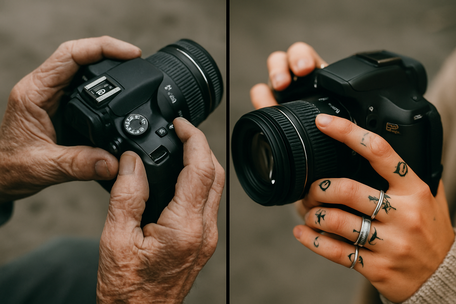 Hands holding and adjusting settings on a black digital camera against a blurred background.