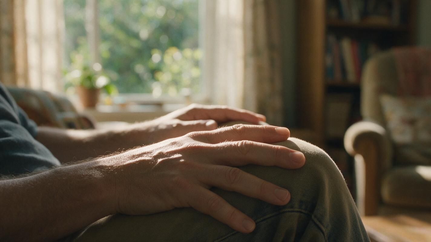 Close-up of clasped hands resting on knees in a warmly lit living room with a window and bookshelf in background.