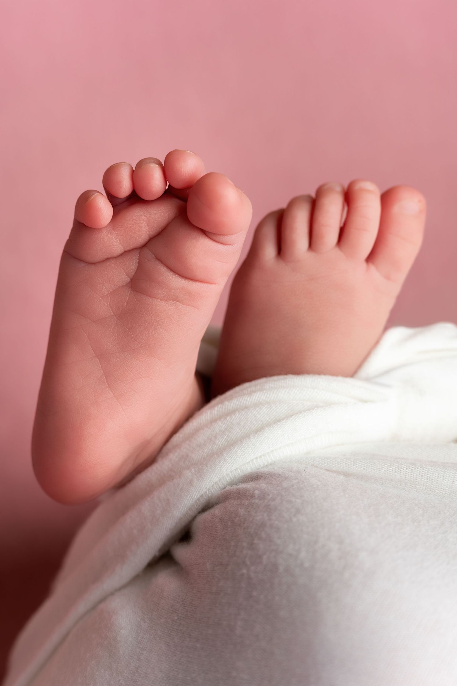 Tiny newborn baby feet with soft pink skin peeking out from a white blanket against a pink background.