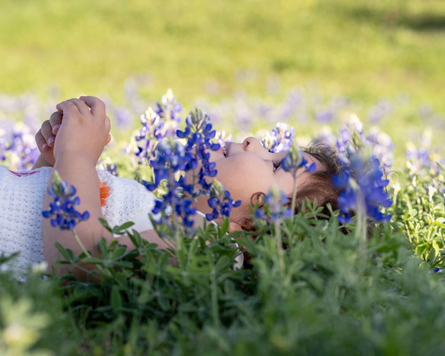 Bare feet resting among vibrant bluebonnets and wildflowers in a sunny spring meadow.