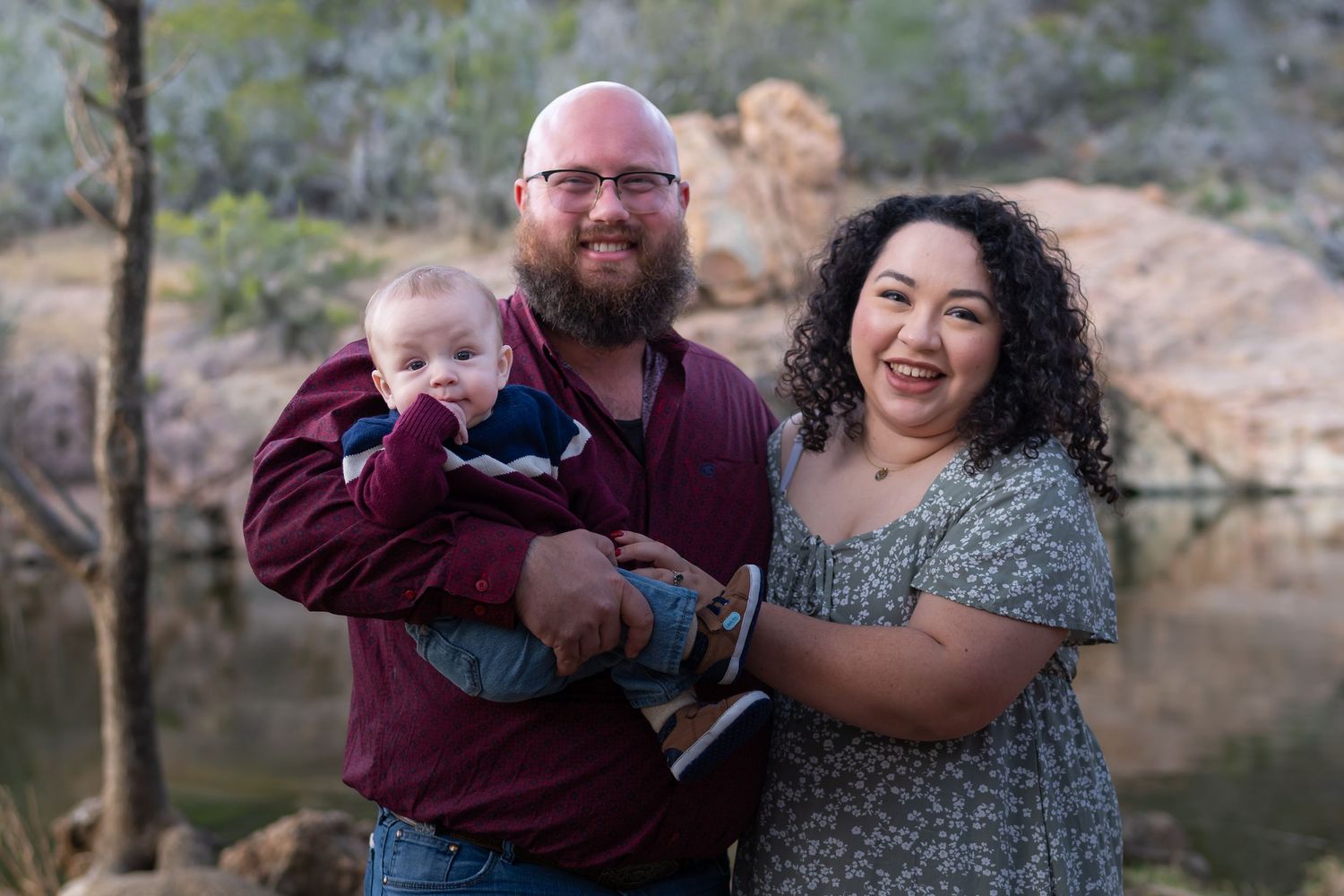 Candid family photos captured against scenic lake backdrop during golden hour.