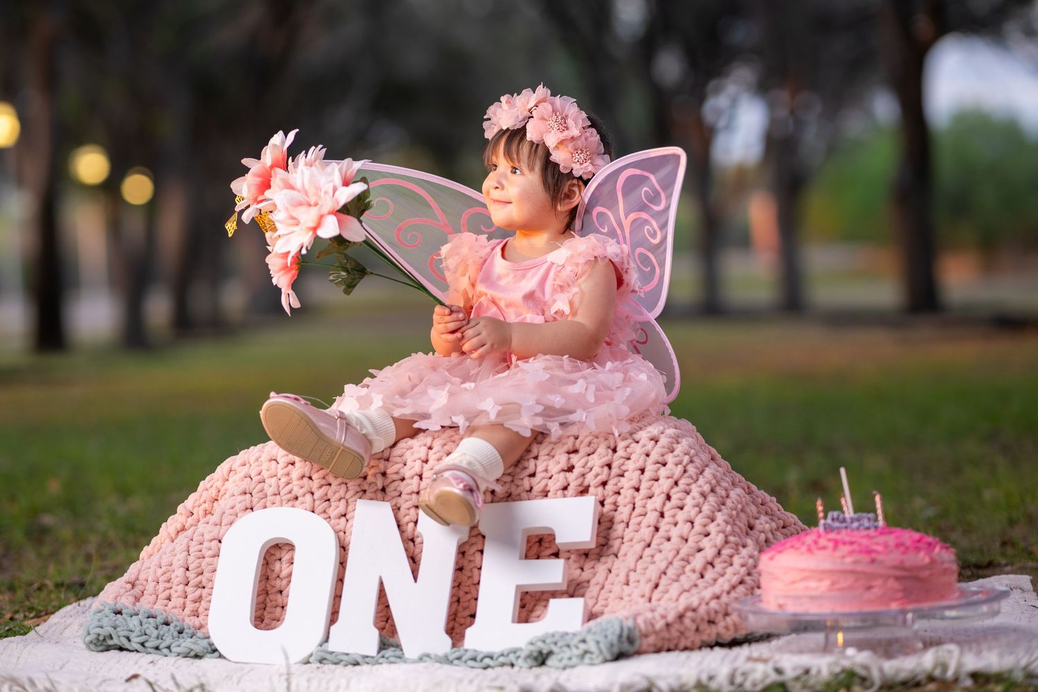 Baby girl in pink butterfly fairy costume sits beside ONE sign and cake celebrating her first birthday outdoors.