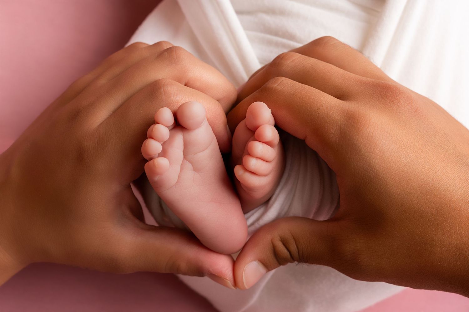 Parent's hands forming a heart shape around a newborn baby's tiny feet, wrapped in a soft white blanket against a pink background.