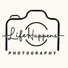 Minimalist black and beige photography logo design with handwritten Life Happens and simple geometric lens shape.