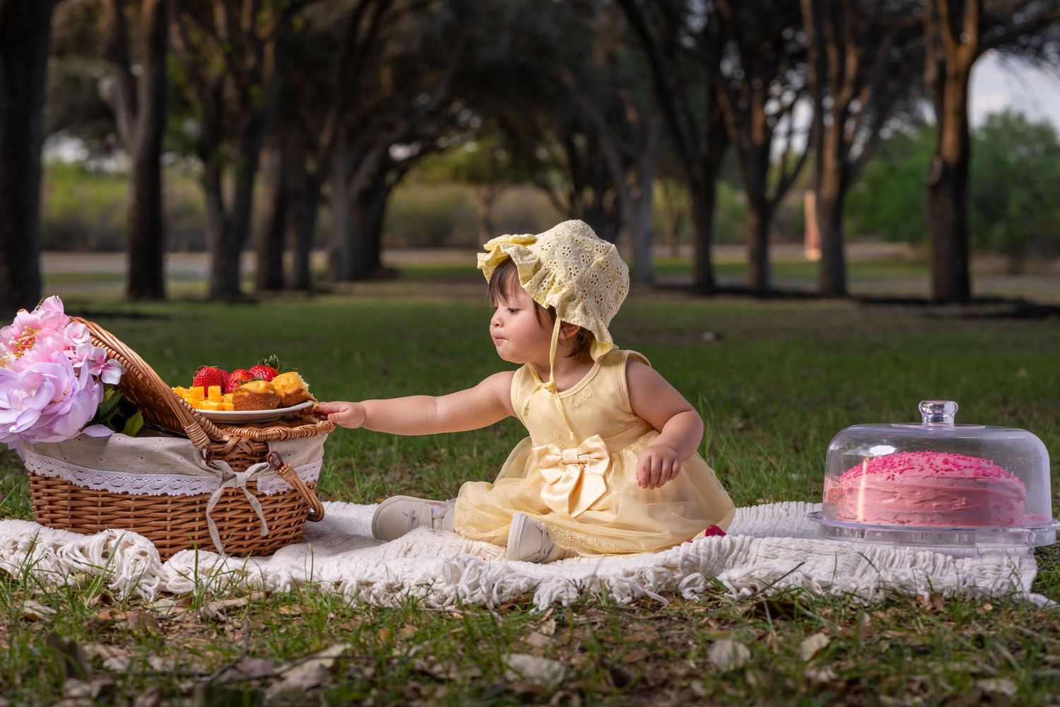 Toddler girl in yellow dress and bonnet sitting on blanket at park picnic reaching for fruit basket.