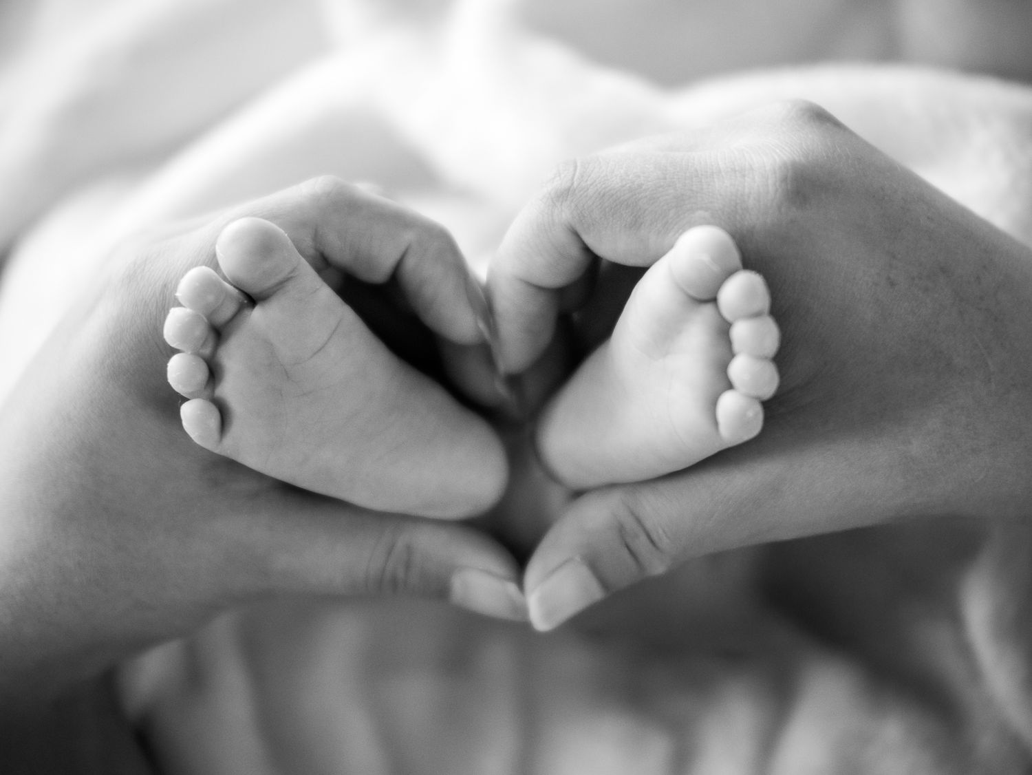 Black and white image of tiny baby feet being gently held by adult hands in a tender moment.