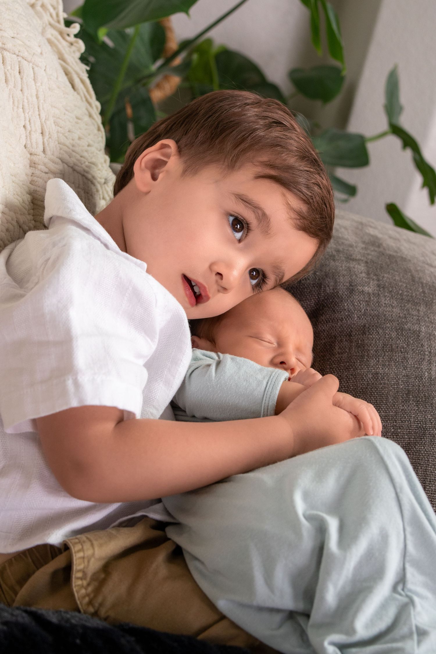 Young boy in white shirt gently holds sleeping newborn baby sibling on couch with green plants in background.