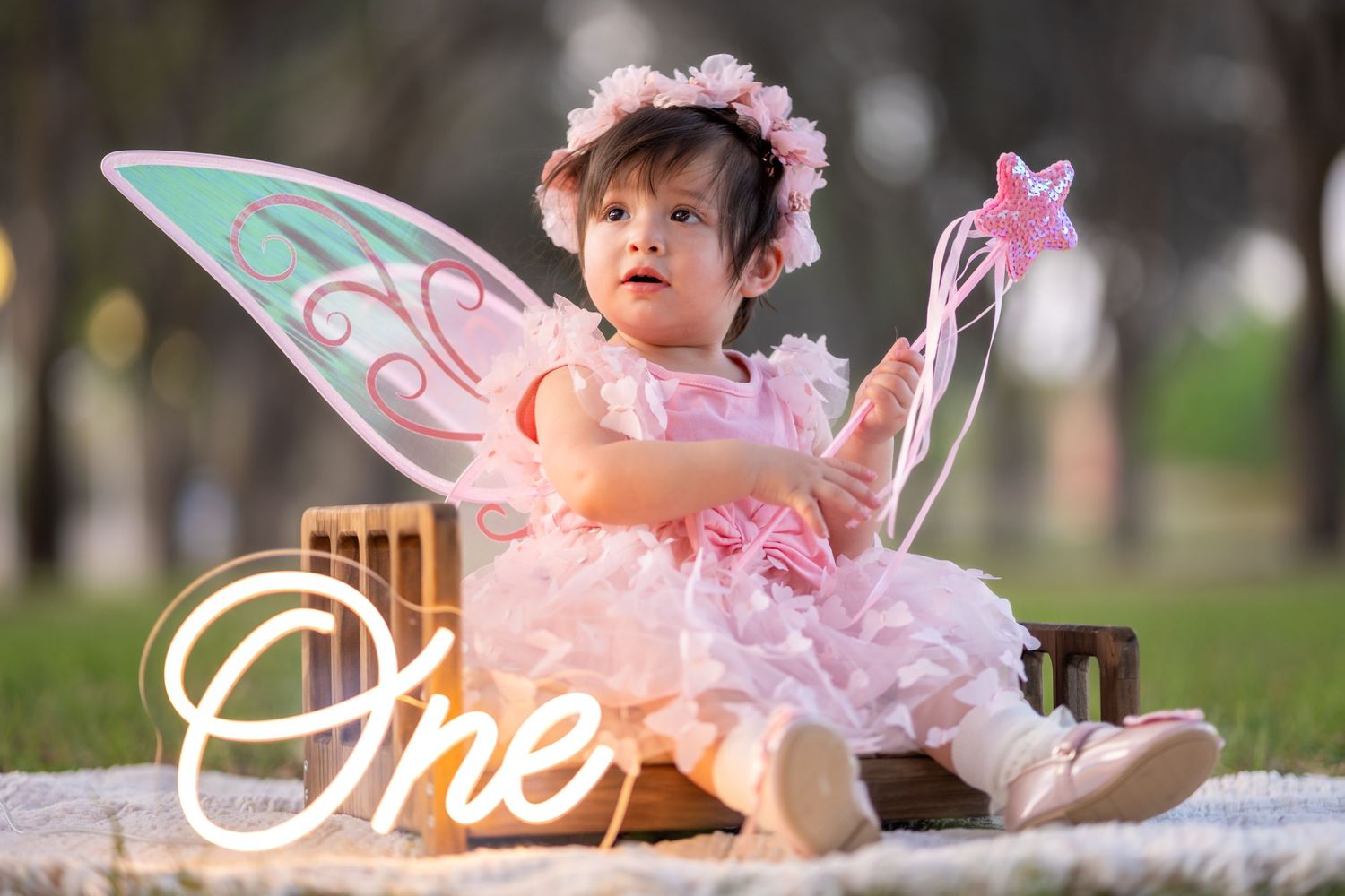 Toddler girl in pink fairy costume with wings and wand sitting on grass celebrating her first birthday.