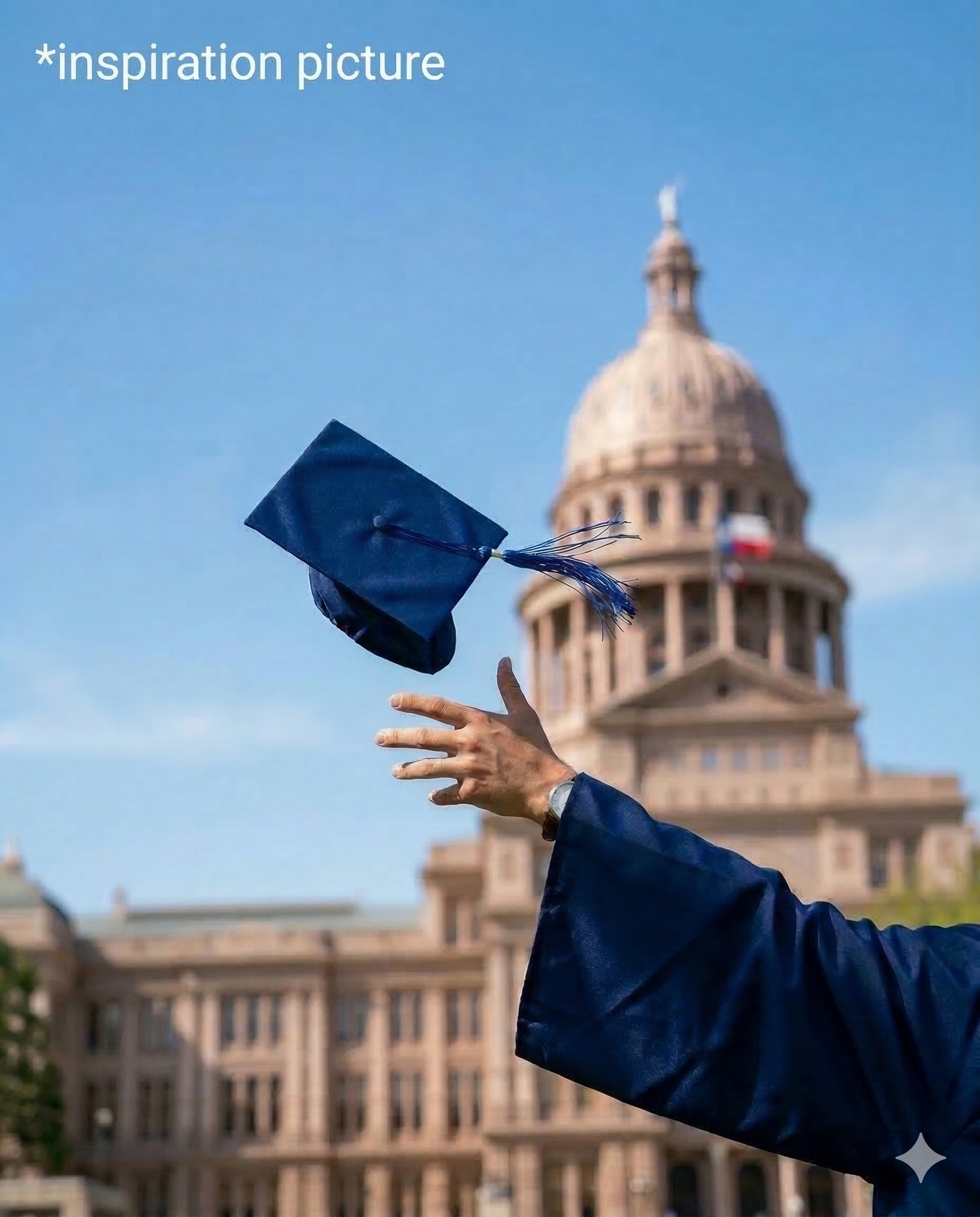 A graduation cap is tossed in the air against the backdrop of the Texas State Capitol building in Austin.
