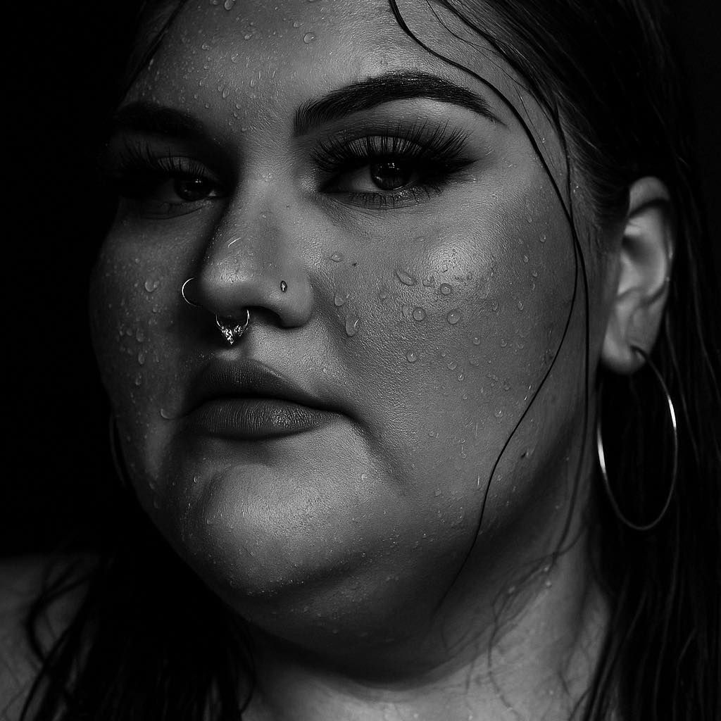 Black and white portrait showing water droplets on skin with nose piercings and a hoop earring in dramatic lighting.