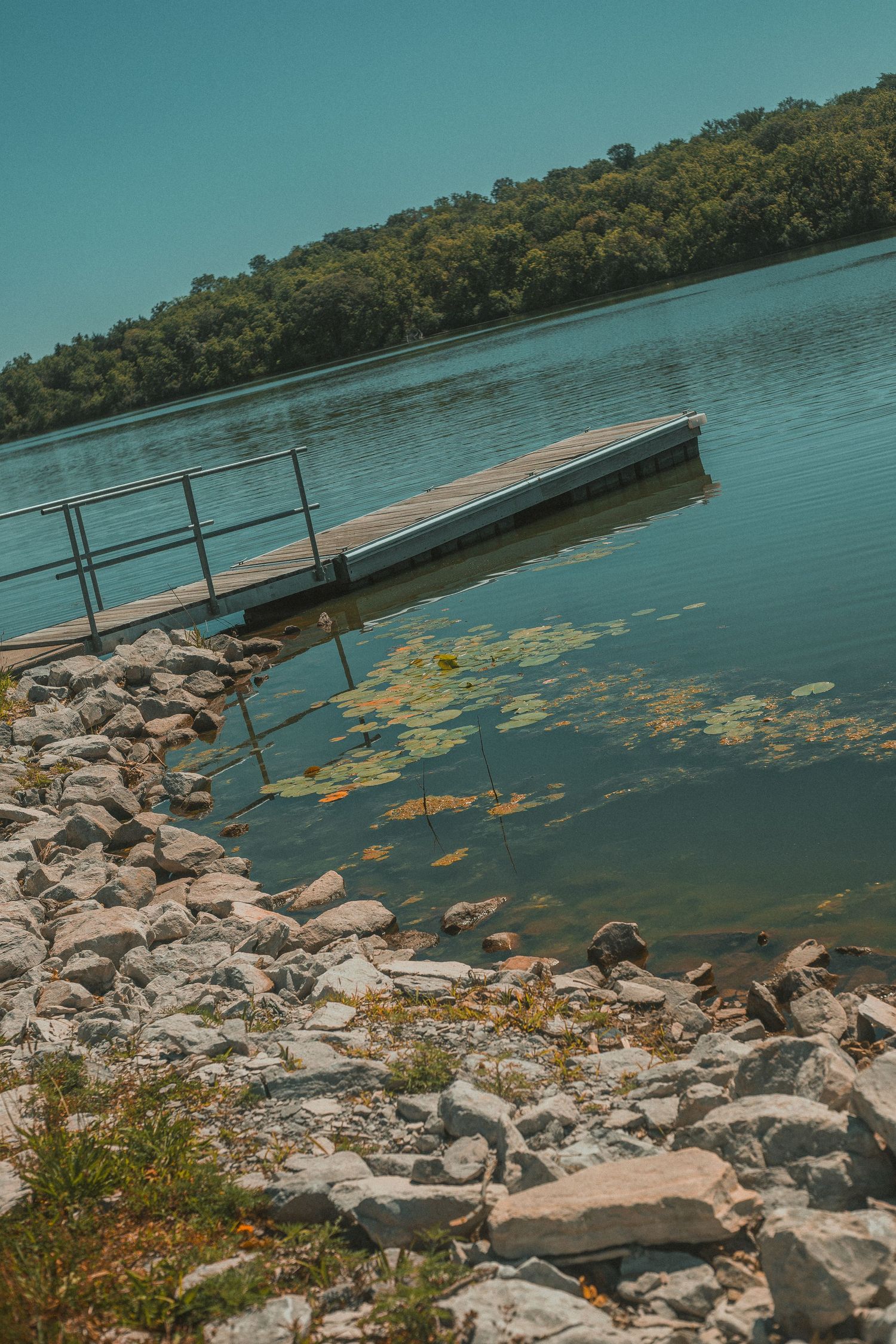 Rocky shoreline with wooden dock extending into calm lake, surrounded by lush green forested hills under clear blue sky.