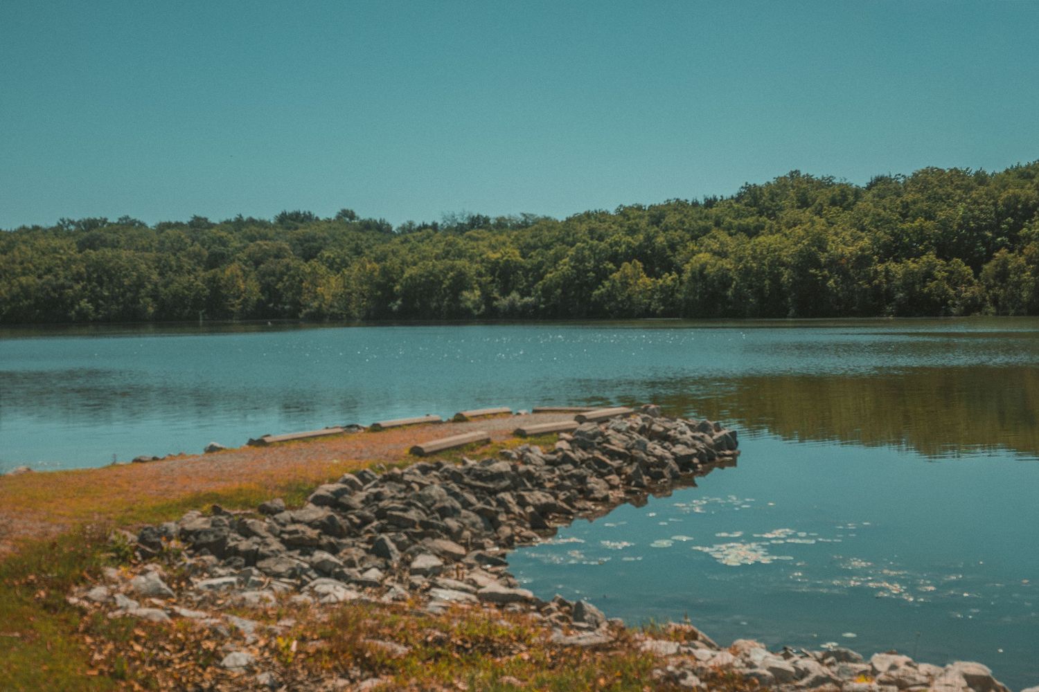 A rocky shoreline jetty extends into a calm lake surrounded by lush green trees under a clear blue sky.