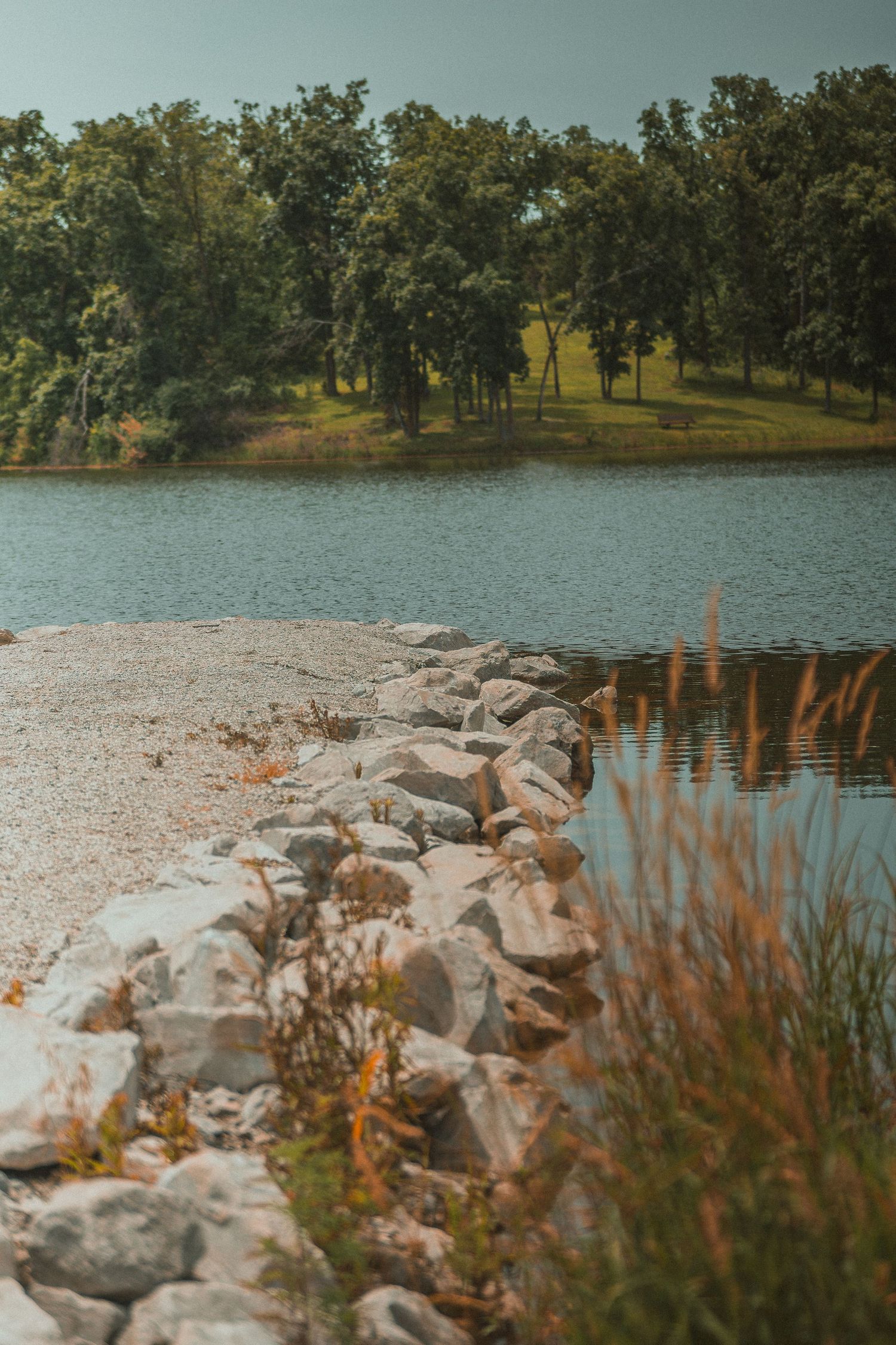 Rocky shoreline beside a calm lake with lush green trees reflecting on the water surface on a sunny day.
