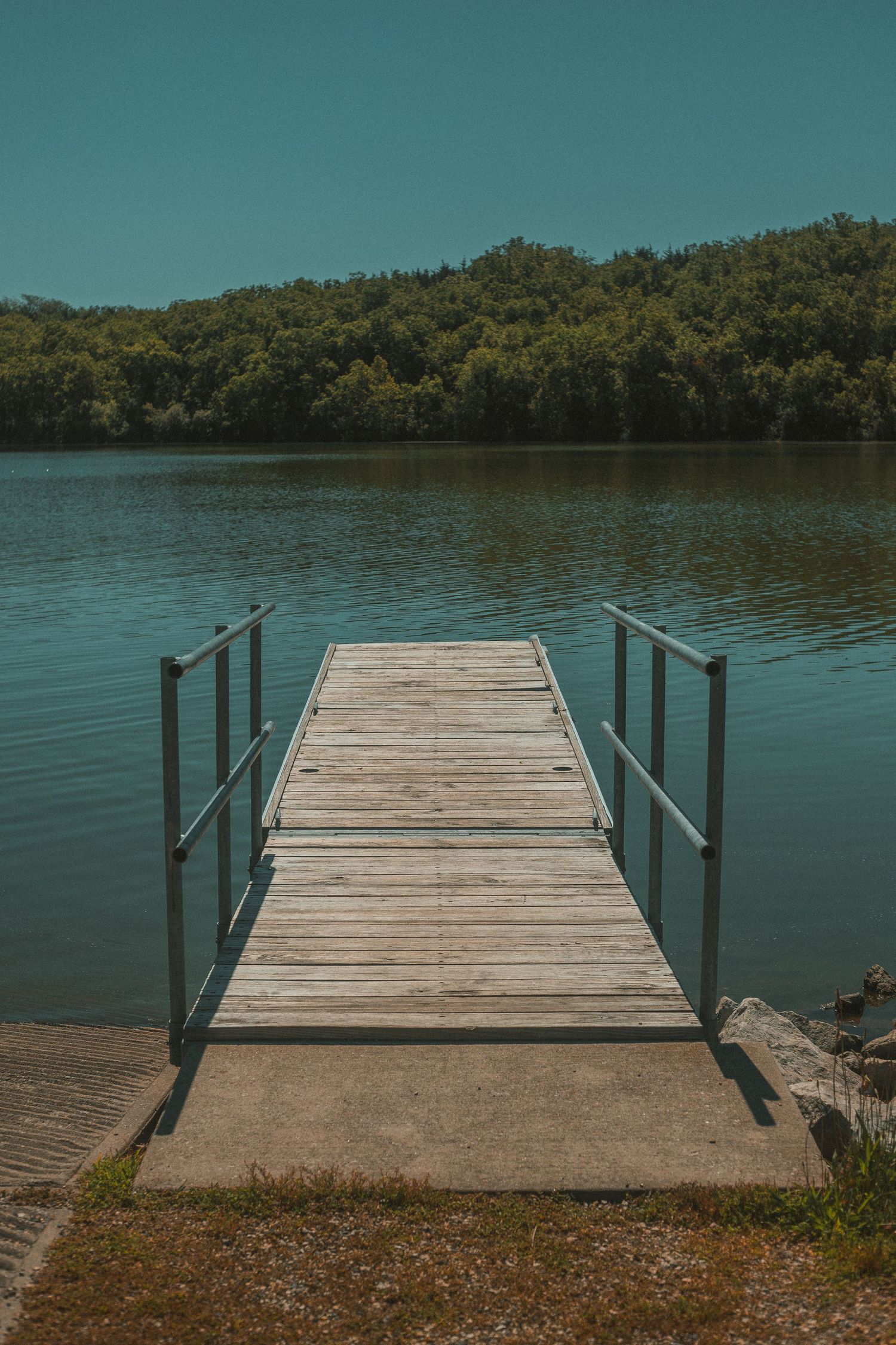 Wooden dock with metal railings extending over a calm lake surrounded by lush green forest under a clear blue sky.