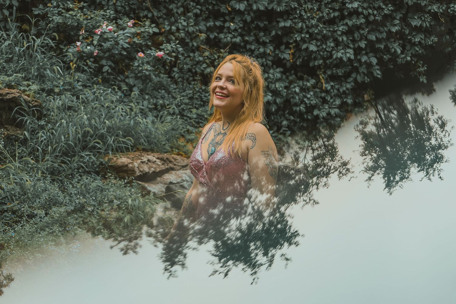A sequence of overlapping photos showing someone with blonde hair walking through a lush garden setting.