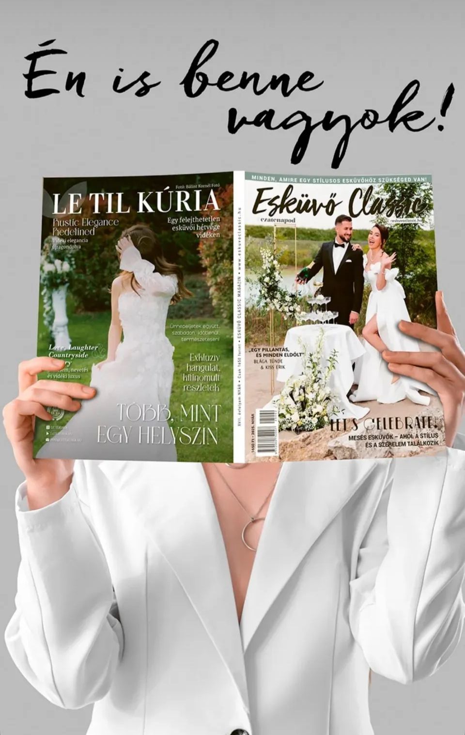 Person in white clothing holds up two wedding magazines with text in Norwegian or Danish language.