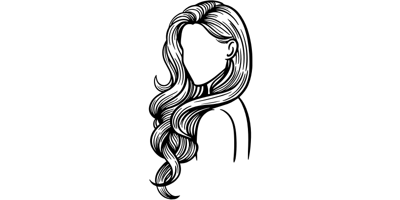 Simple line illustration of long wavy hair style in black and white.