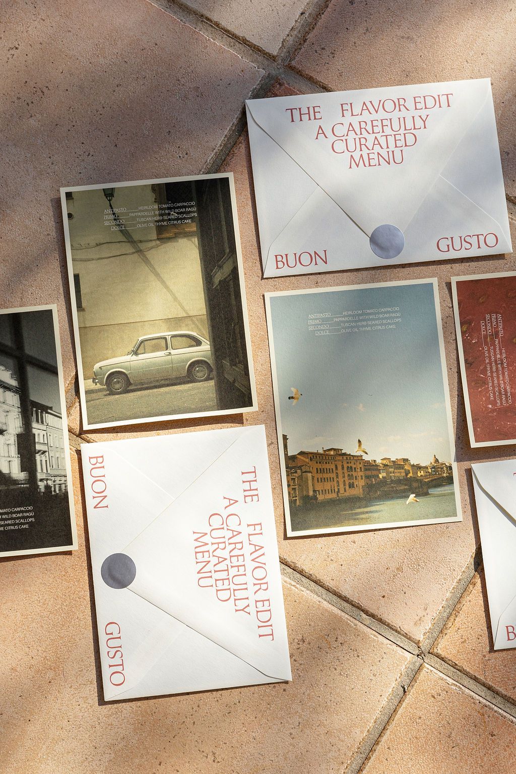 Flat lay showing stationary in Tuscany, Italy.