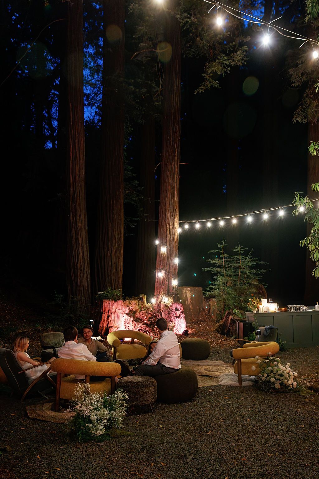String lights illuminate a cozy outdoor seating area with log benches surrounded by tall redwood trees at night in California.