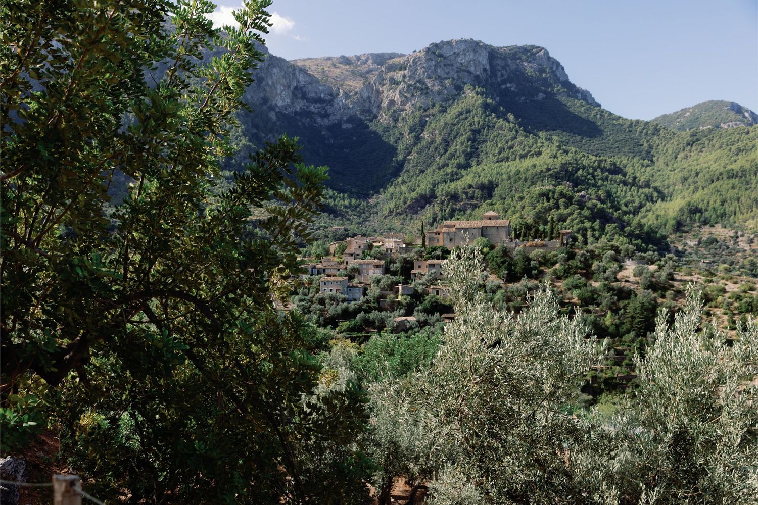 A picturesque mountain village nestled among lush green trees with dramatic rocky peaks rising in the background.