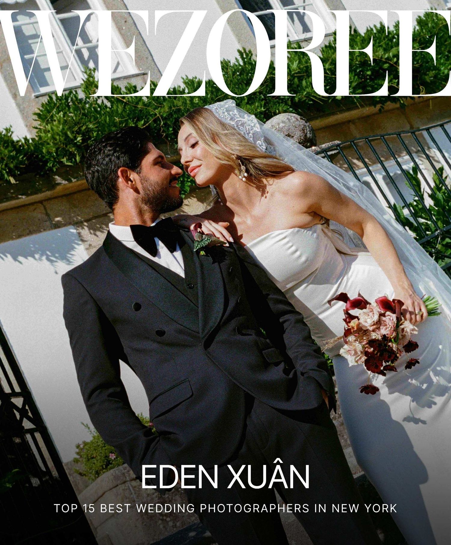 Wezoree magazine cover featuring Eden Xuân, top 15 NYC wedding photographer, with an elegant couple in formal wedding attire.