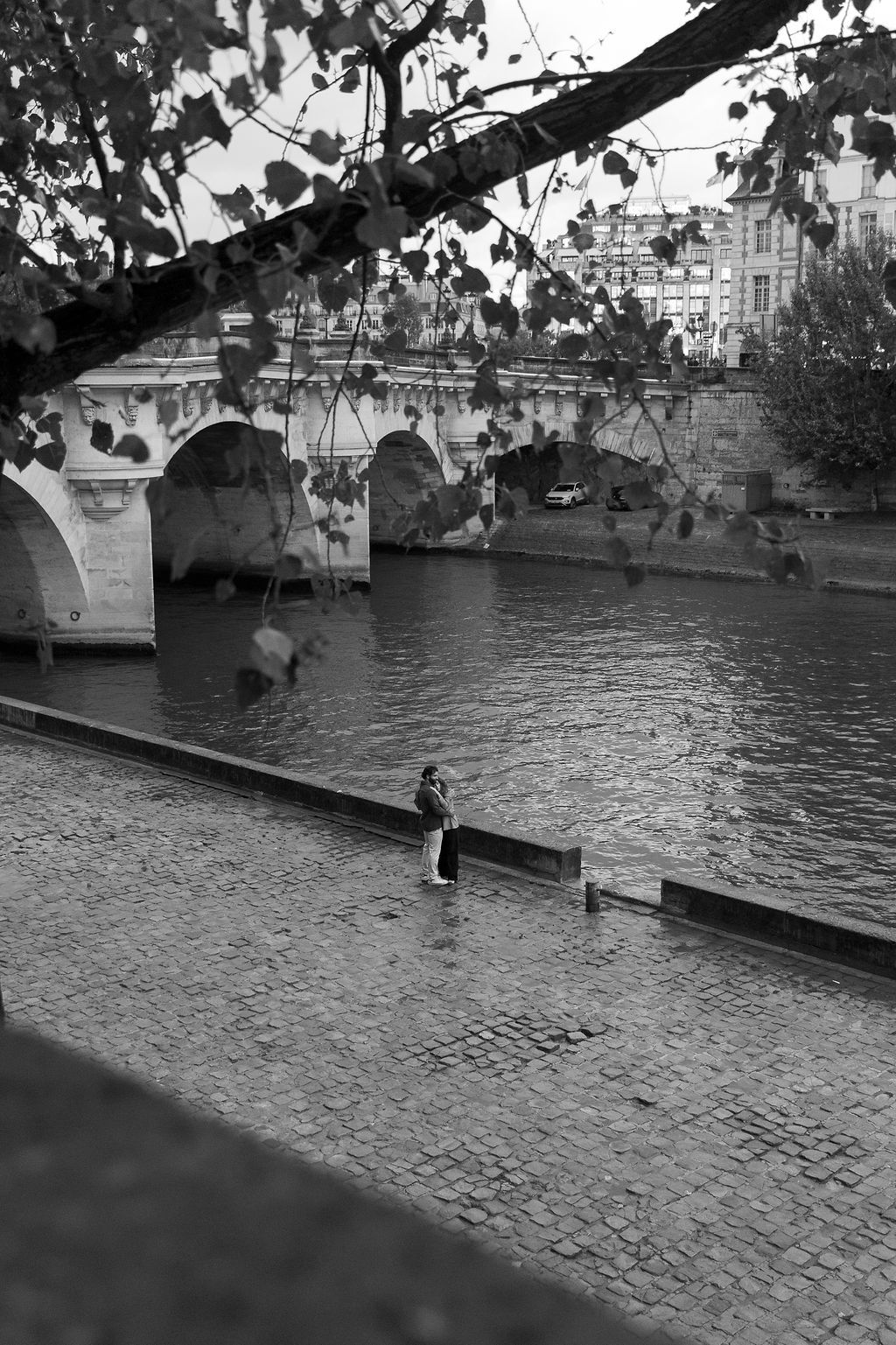 A sequence of black and white photos showing someone falling into a river from a walkway along the water's edge in Paris, France.
