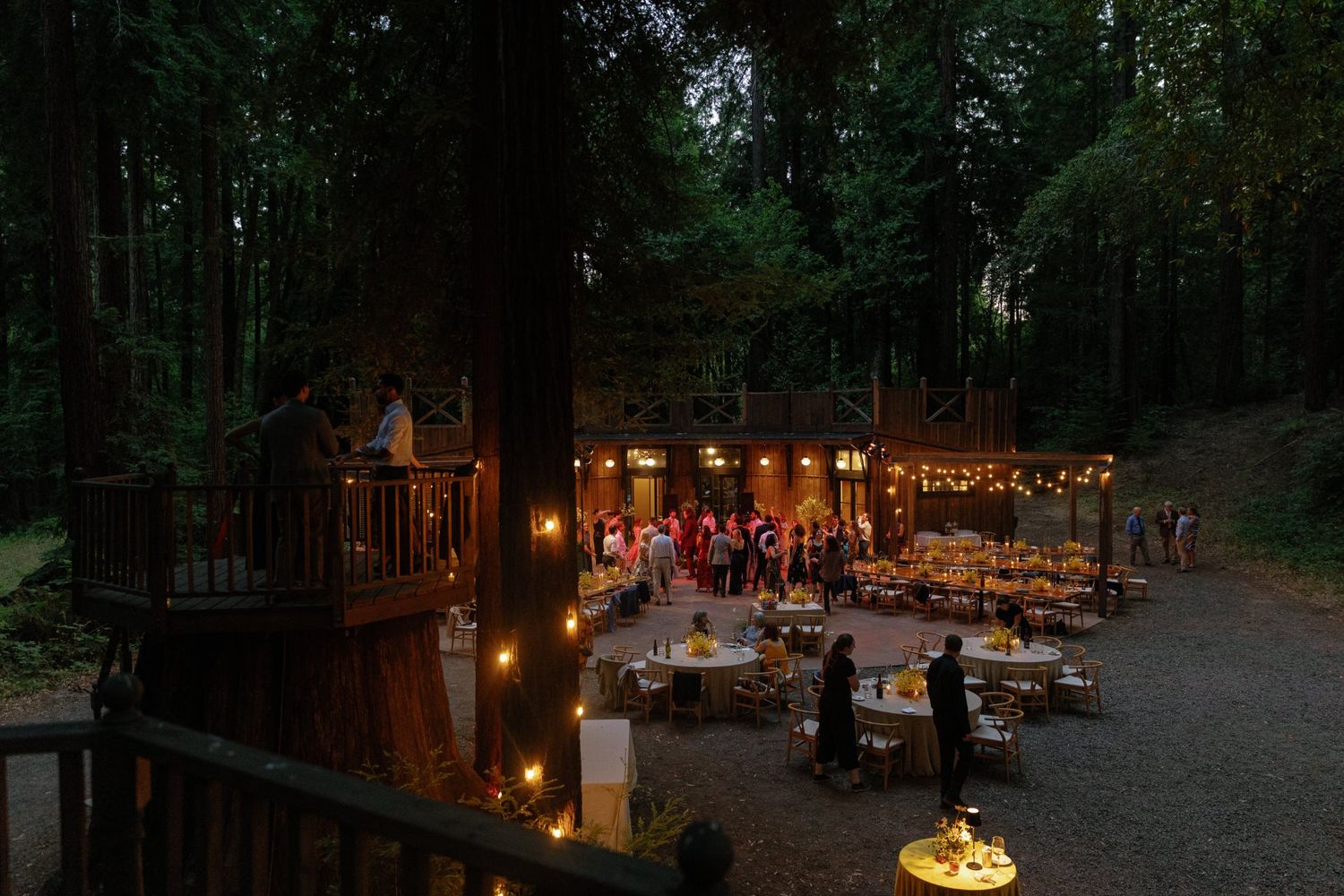 A series of outdoor dining tables illuminated by string lights in a forest setting at dusk.