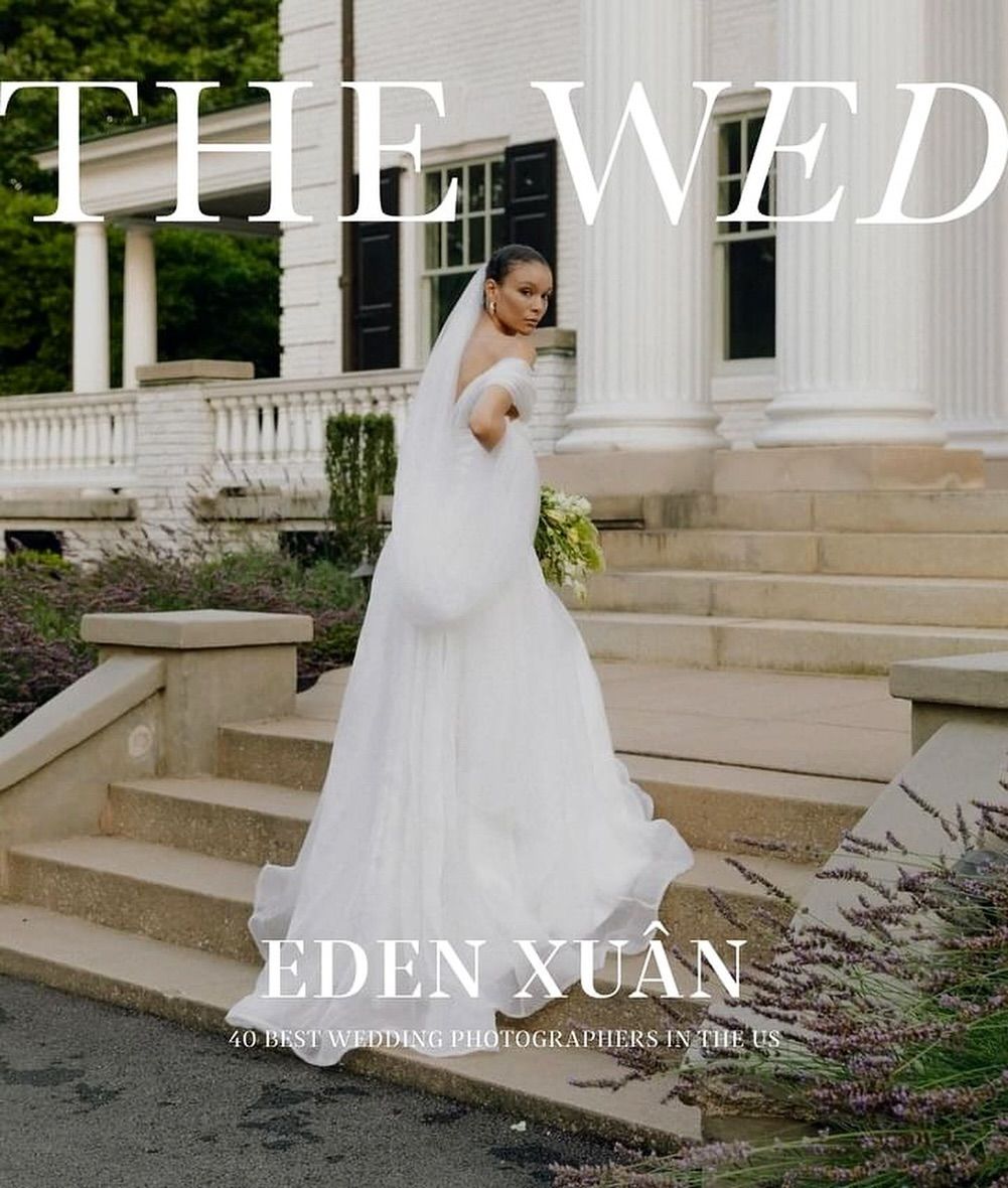 A bridal fashion magazine cover featuring an elegant wedding dress against classic white columns and stone steps.
