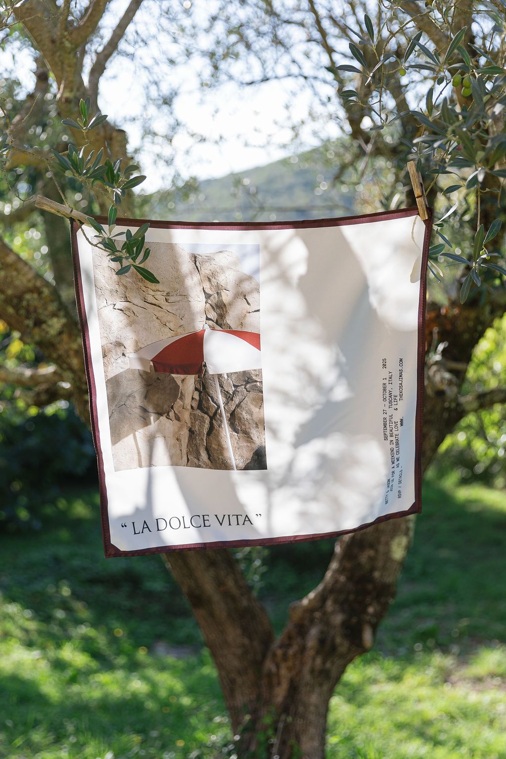 Colorful, custom-made silk fabric handkerchiefs hanging on clotheslines on olive trees in Tuscany Italy.