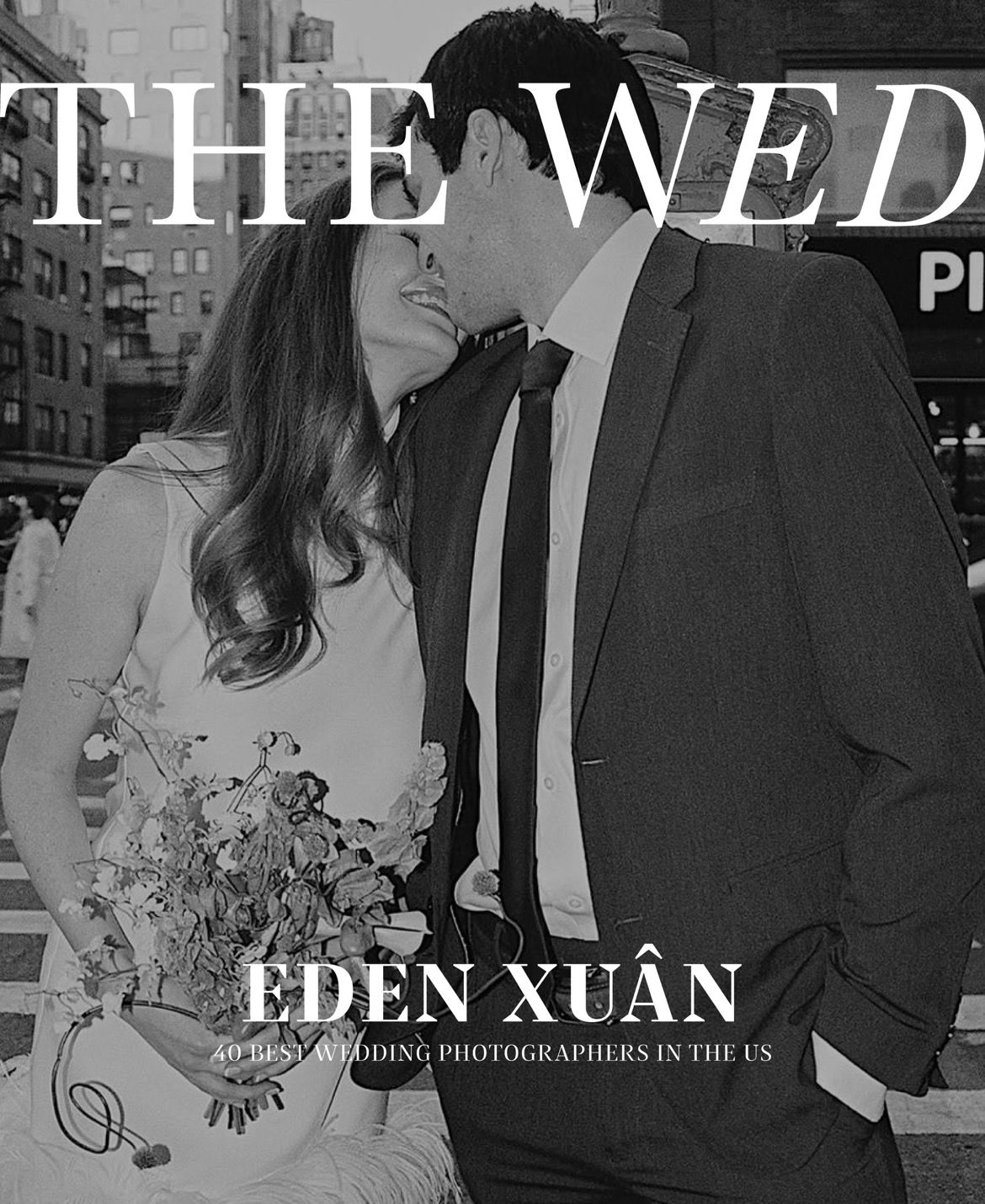 Black and white magazine-style wedding photo cover showing couple in formal attire kissing on city street.