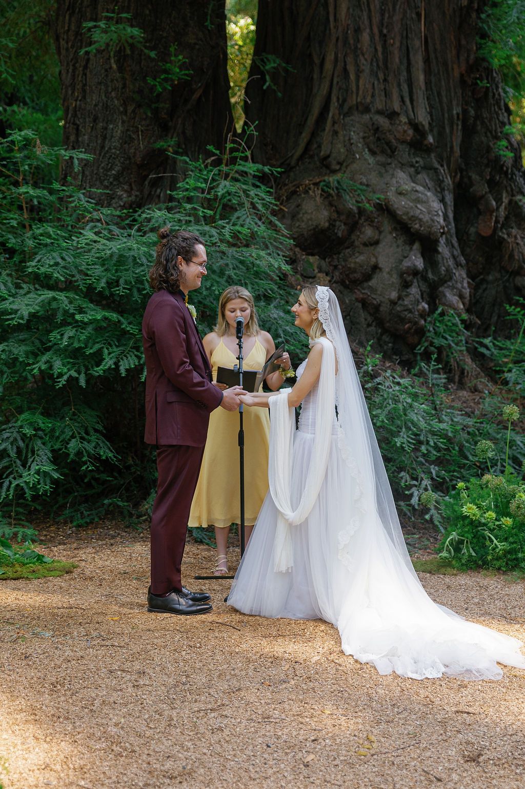 A wedding ceremony scene in a redwood forest with flowing white dress and burgundy attire.
