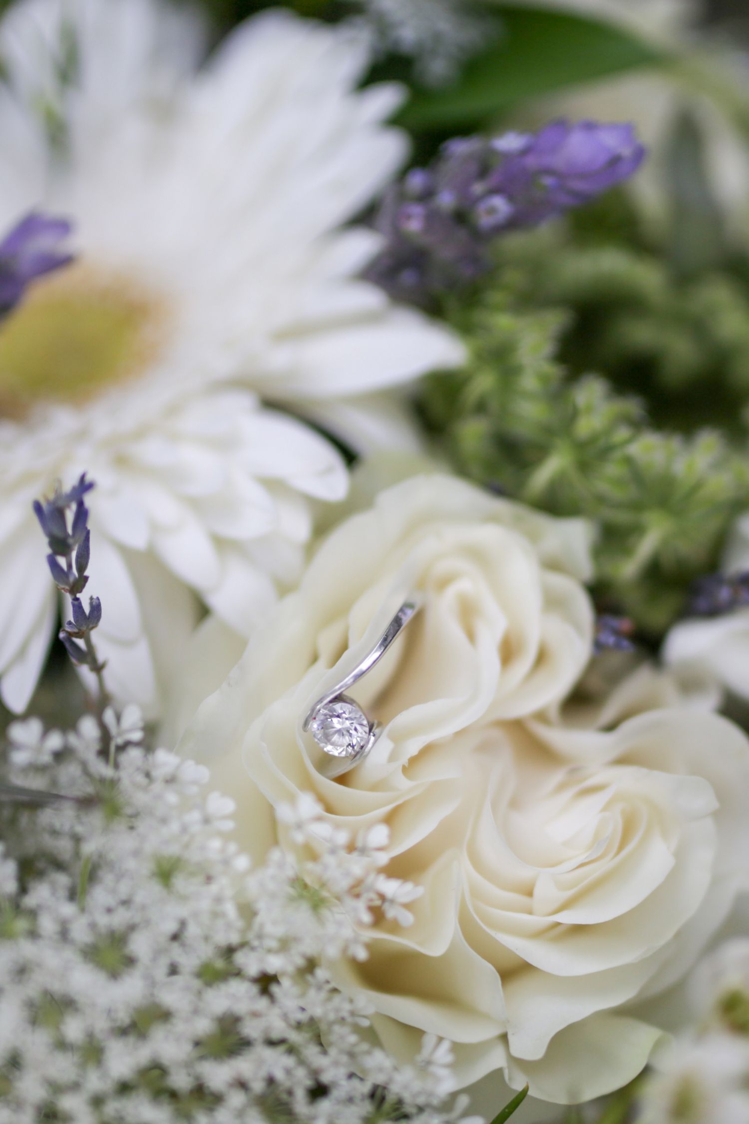 Diamond engagement ring nestled in cream roses with white daisies and purple lavender flowers in a romantic bouquet.