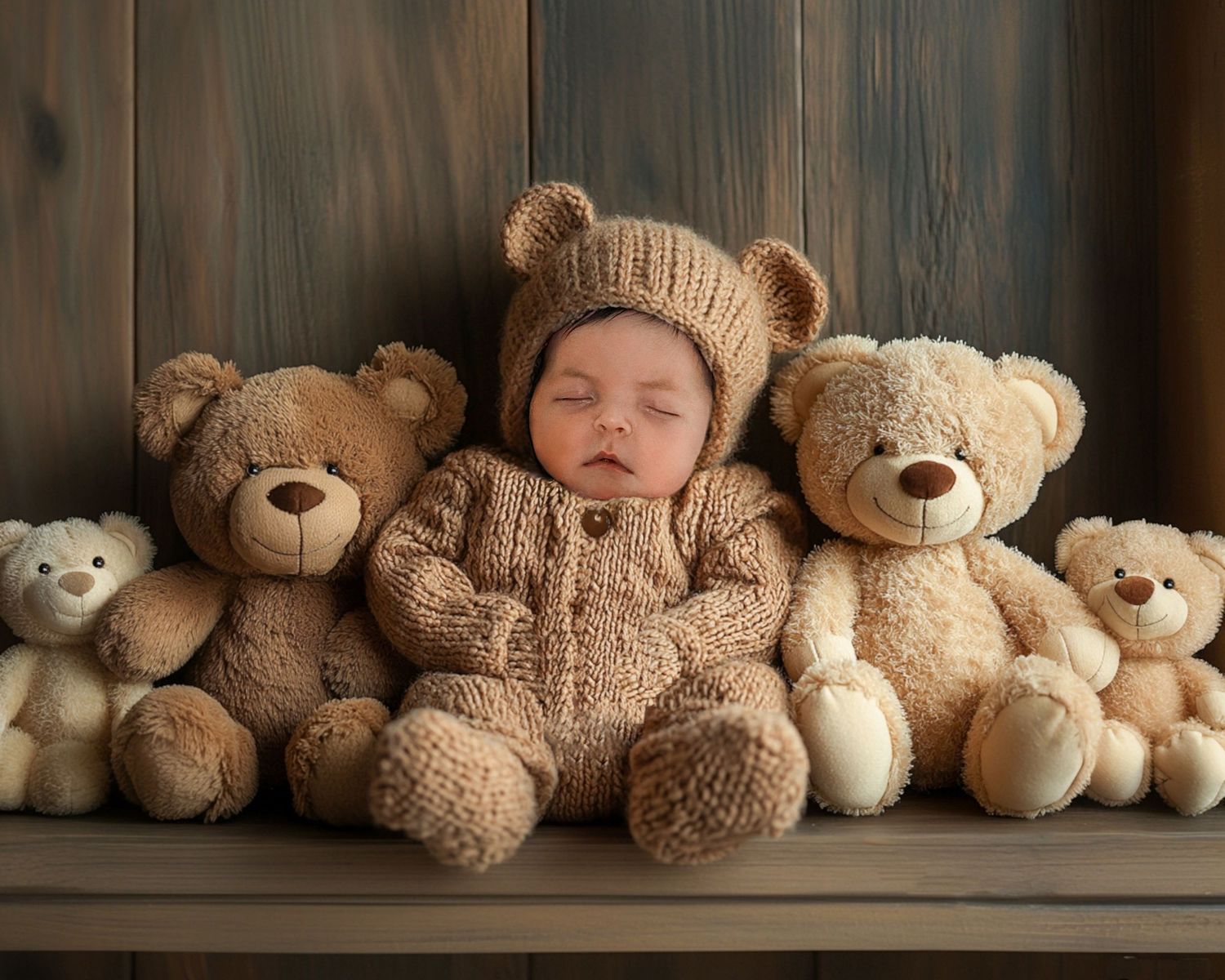A row of soft teddy bears in beige and brown colors arranged on a wooden shelf against a neutral background.