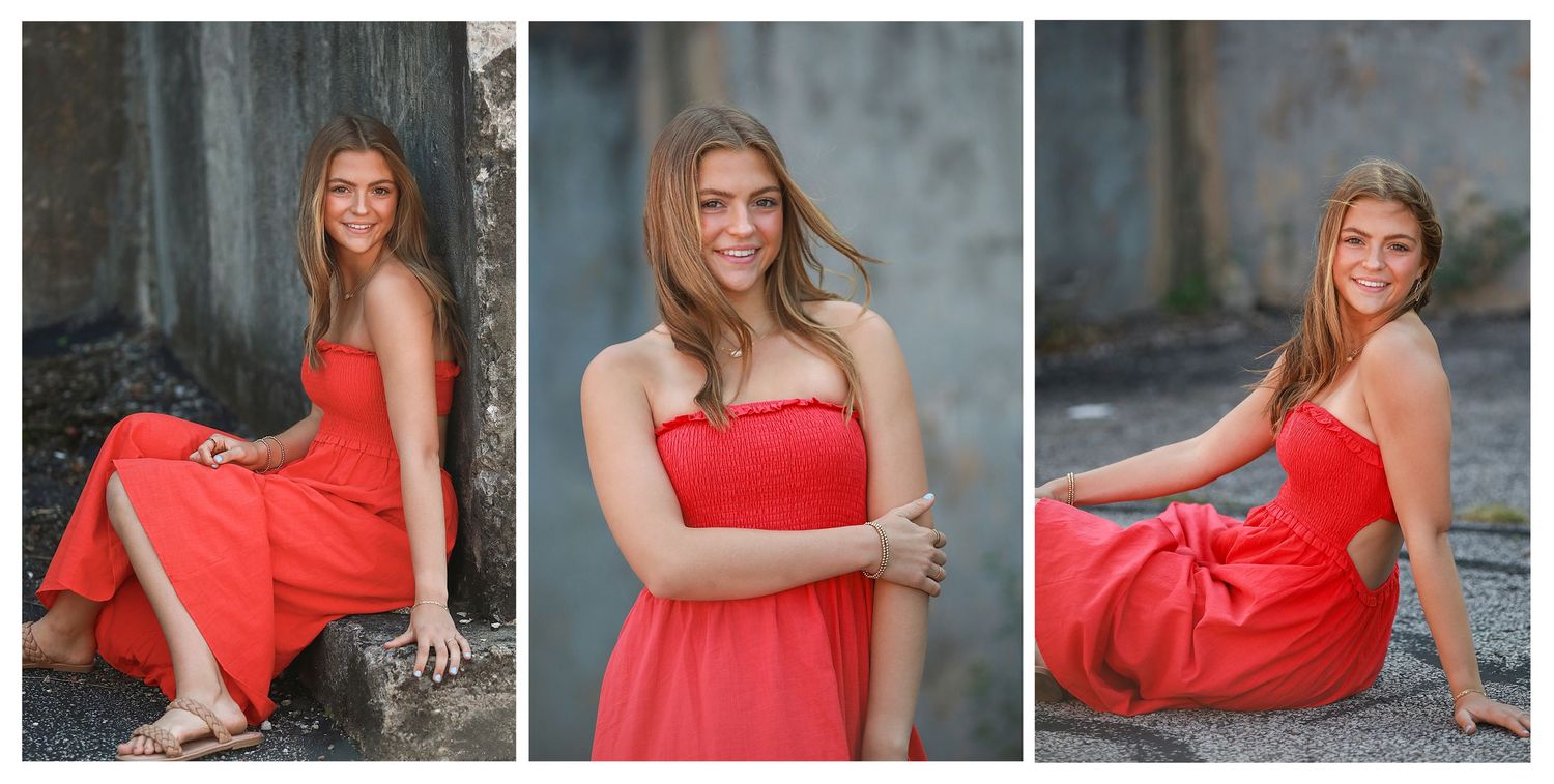 Senior Portraits Chagrin Falls Ohio. Three photos of a person in a flowing red dress posing against an industrial backdrop.
