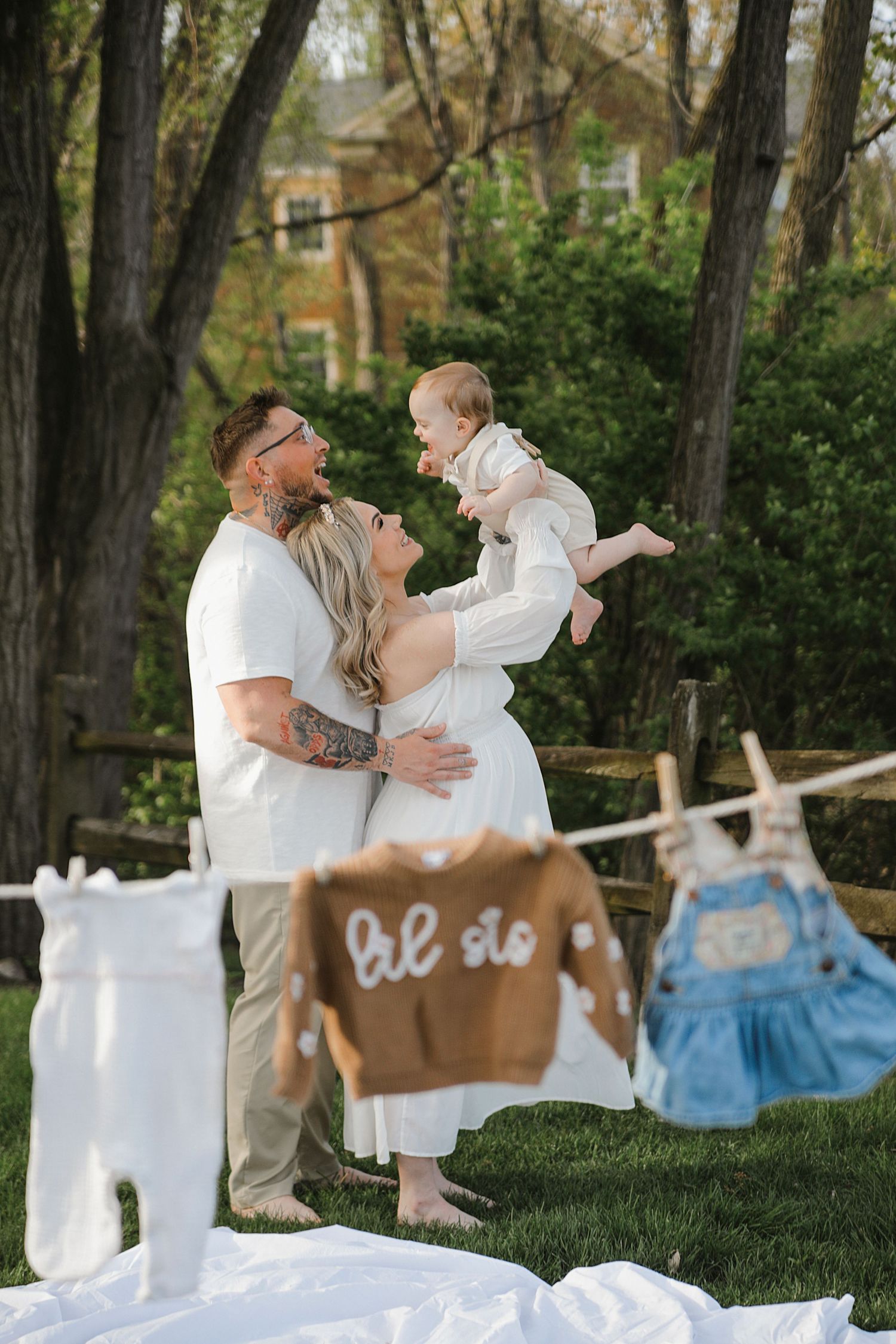 Three candid photos showing a joyful outdoor celebration with people dressed in white against a backdrop of trees.
