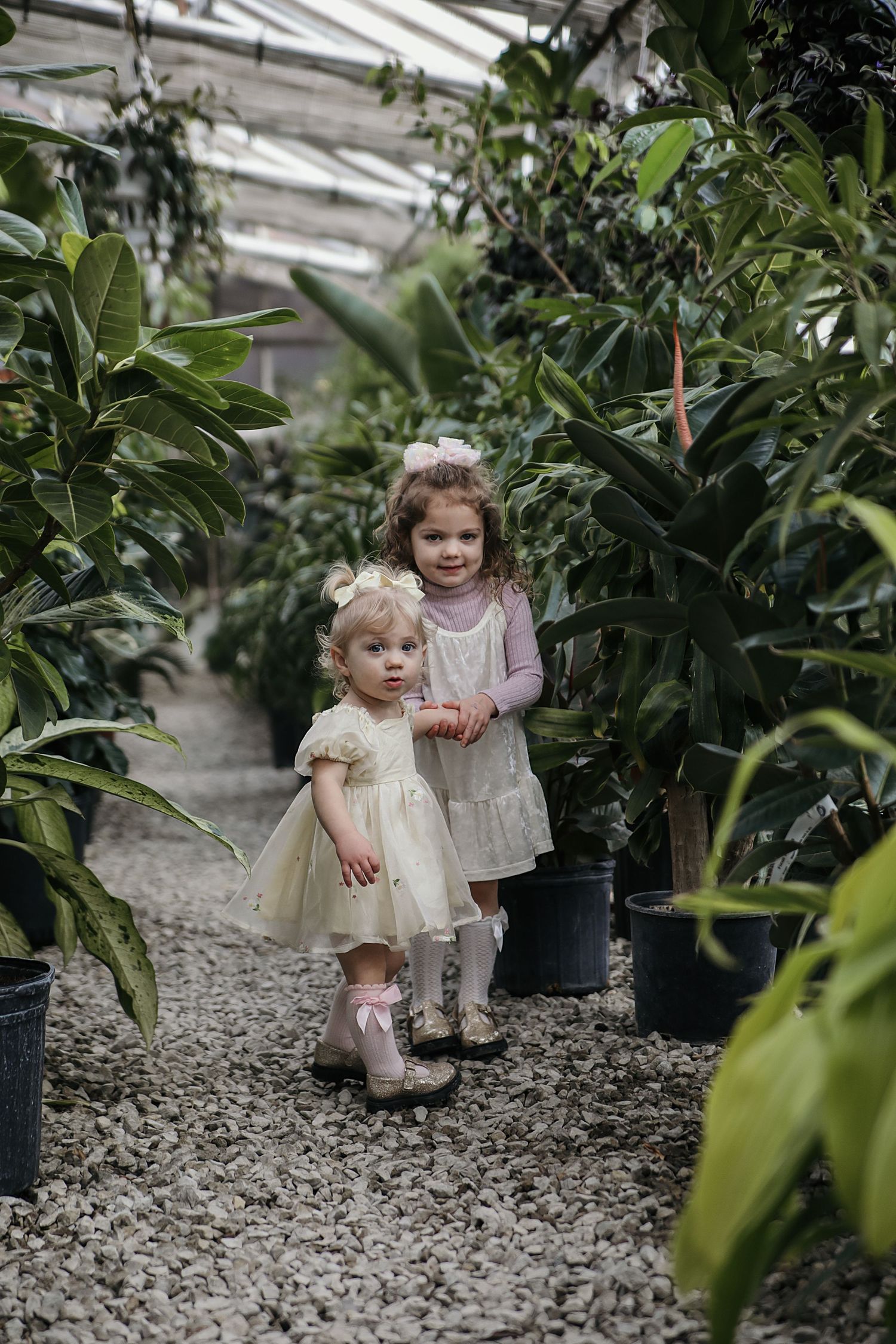 Young children explore together among potted plants in a greenhouse nursery setting.