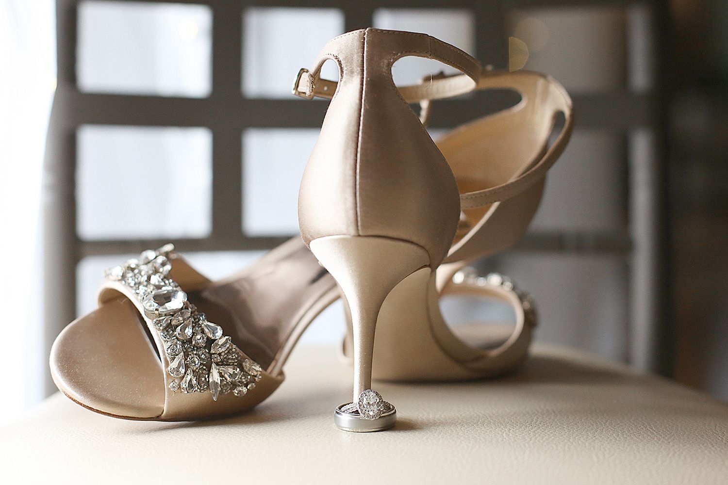 Elegant bridal shoes with crystal embellishments and delicate heel detail. Wedding Photographer in Cleveland Ohio