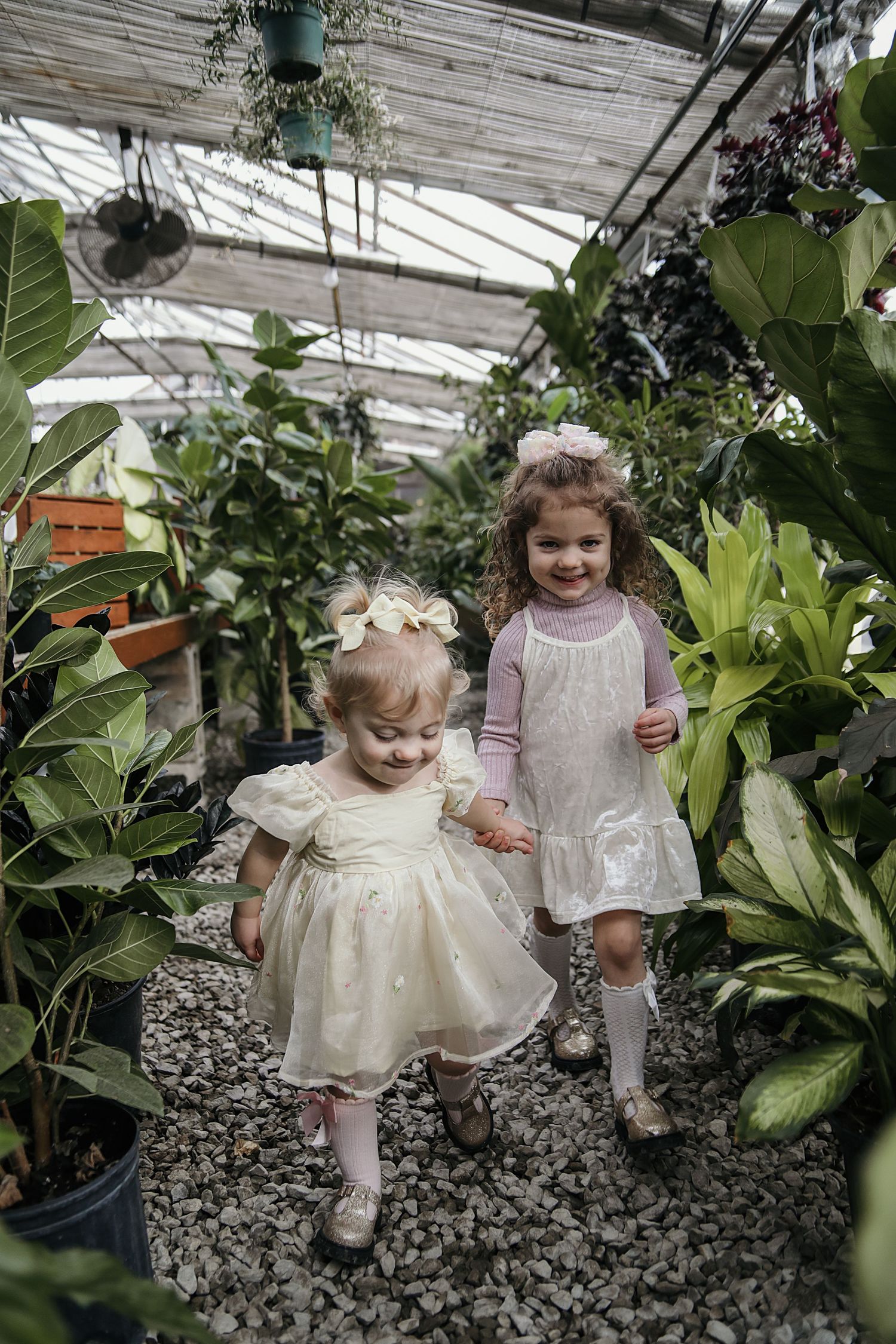 Three dreamy photos of toddlers in cream-colored dresses exploring a lush greenhouse with stone paths and tropical plants.