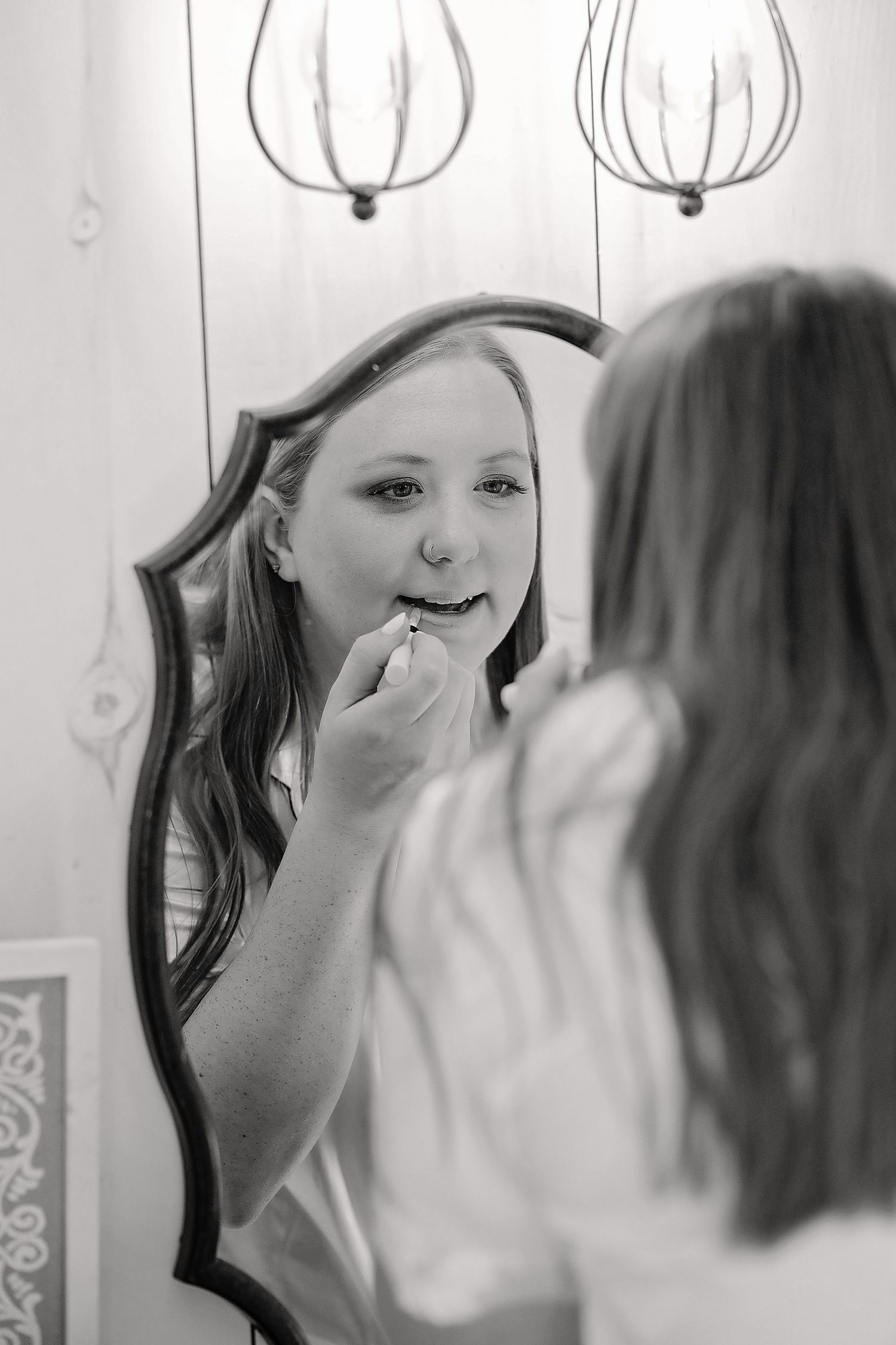 Elegant bridal makeup application sequence shown in vintage-style mirror reflections.