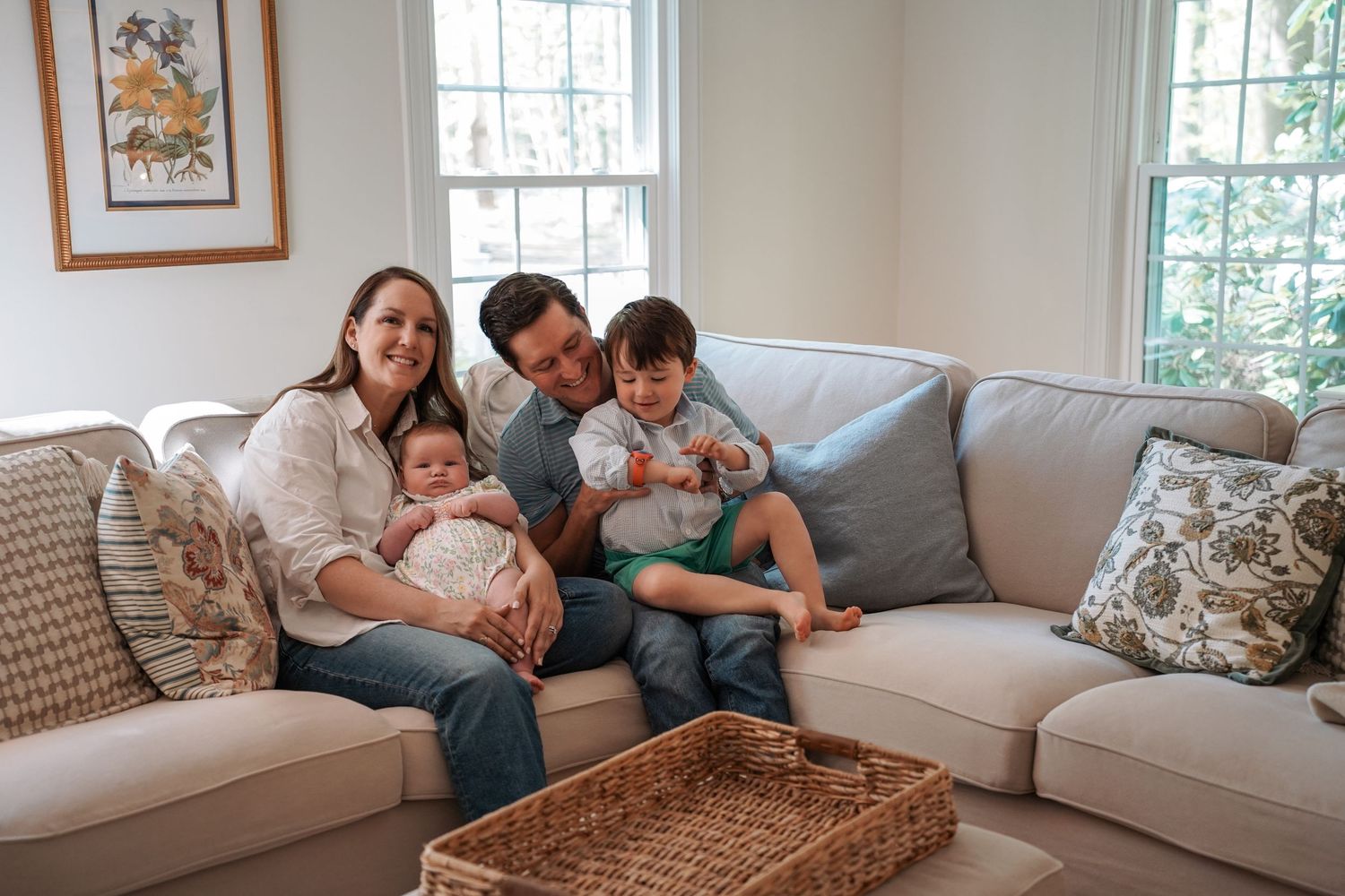A series of photos shows a casual family moment on the couch together at home.