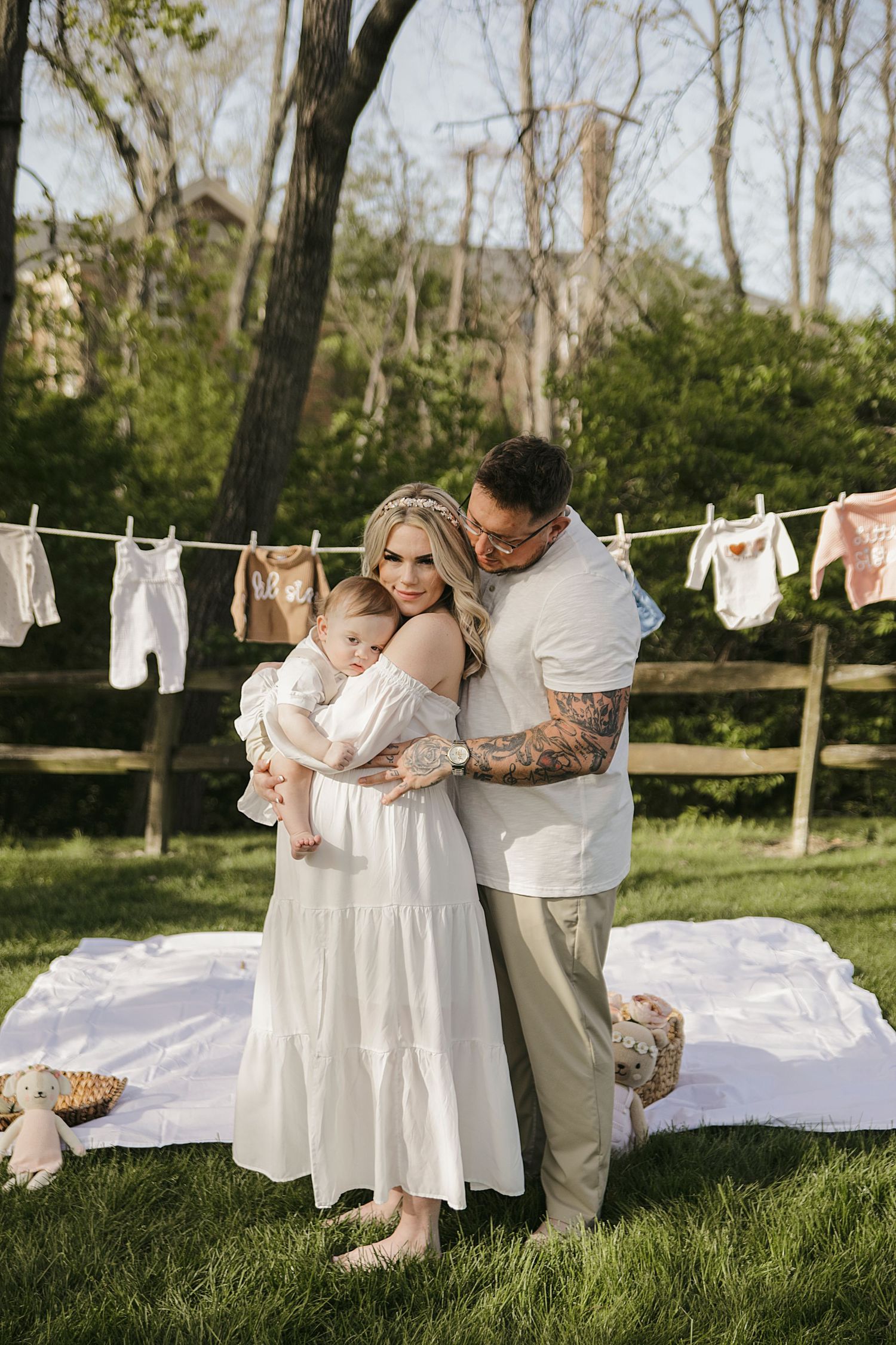 A series of four connected photos showing laundry hanging on clothesline in an outdoor garden setting.