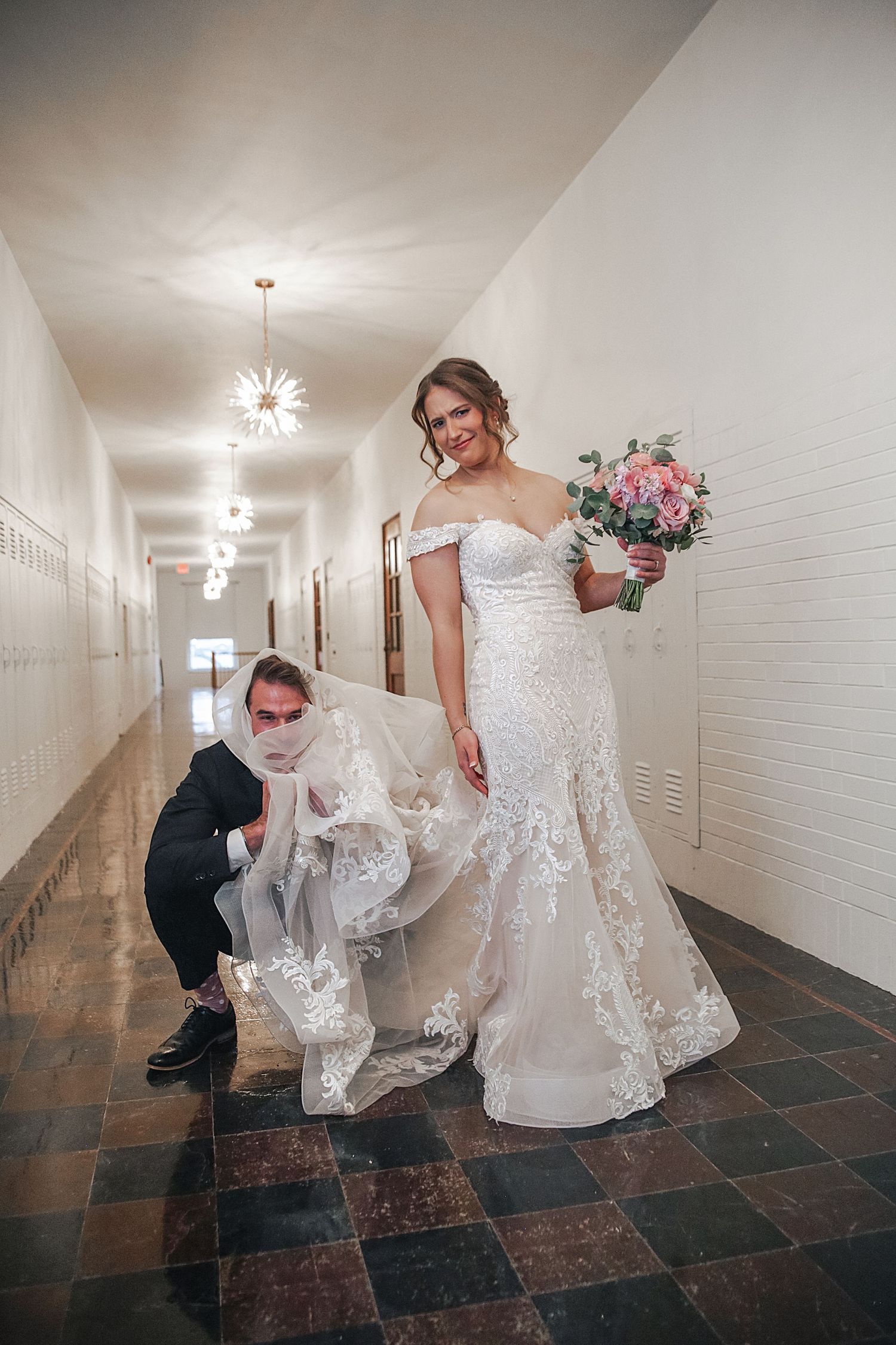 A sequence of photos showing a formal dress being adjusted on dark tiled flooring in a white hallway.