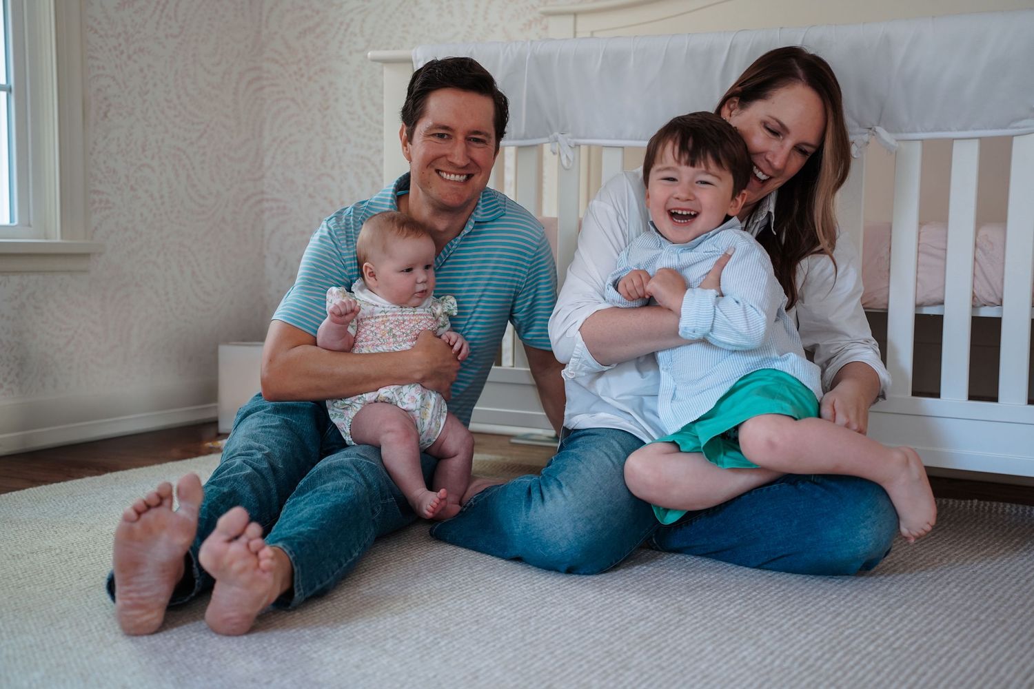 A series of photos showing people sitting on a white floor, playing and laughing together in a casual home setting.