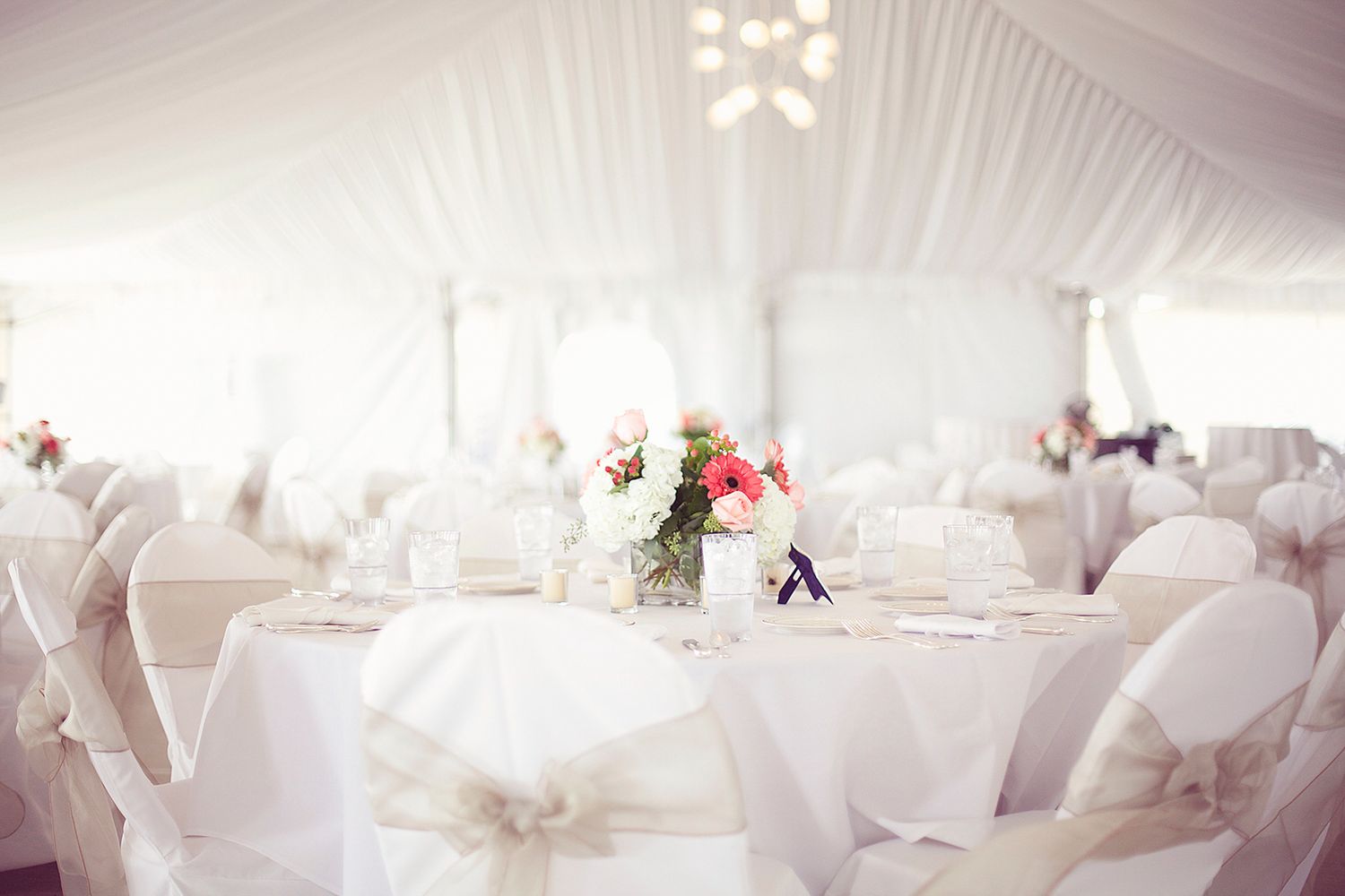 Wedding reception venue with white draped tables and floral centerpieces under tent lighting. Engagement photographer in Chagrin Falls, Ohio