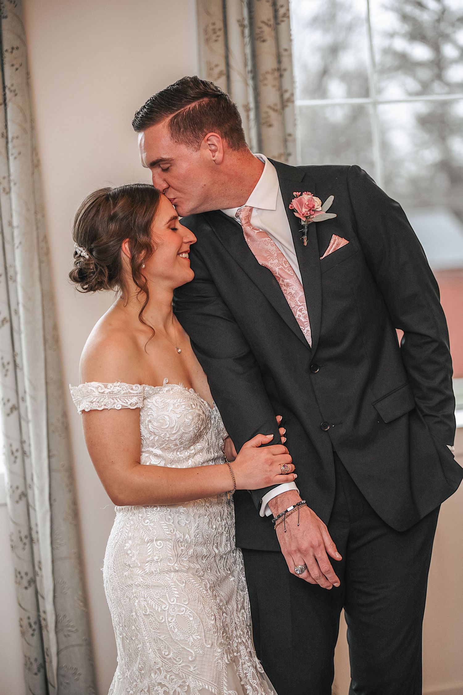 Three romantic wedding photos showing intimate moments between a bride in white lace and groom in black suit.