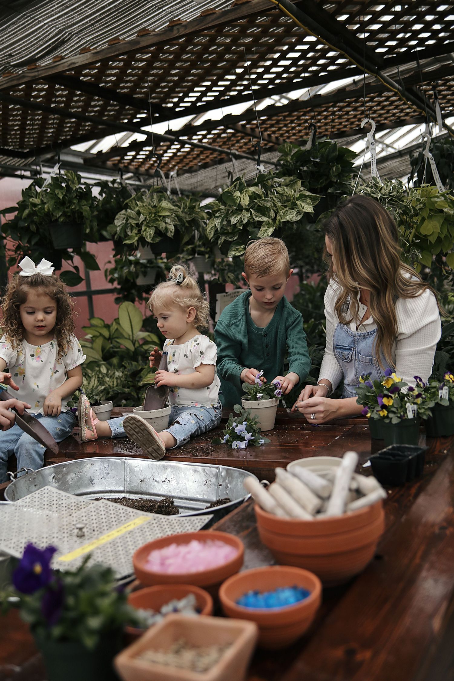 Group gathered at outdoor table with potting supplies and colorful bowls for a gardening activity under latticed roof in greenhouse.