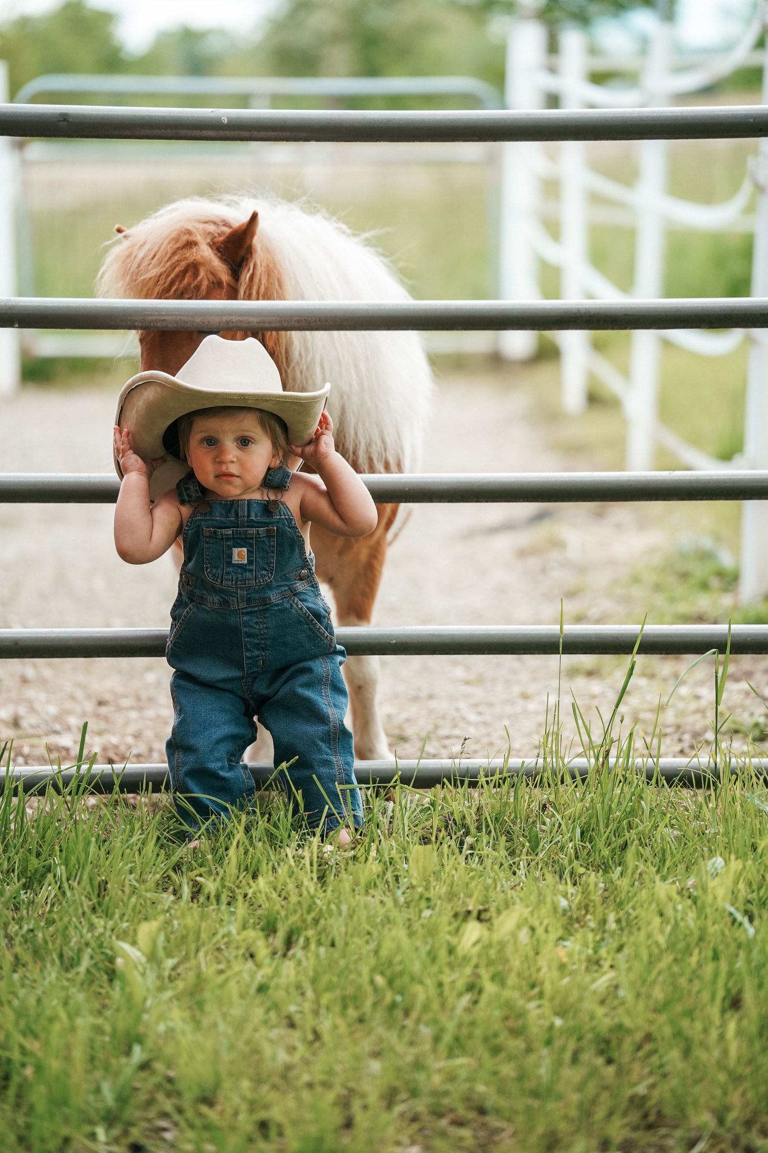 Young child in overalls sits by white fence rails on grassy ground near farm or ranch setting.