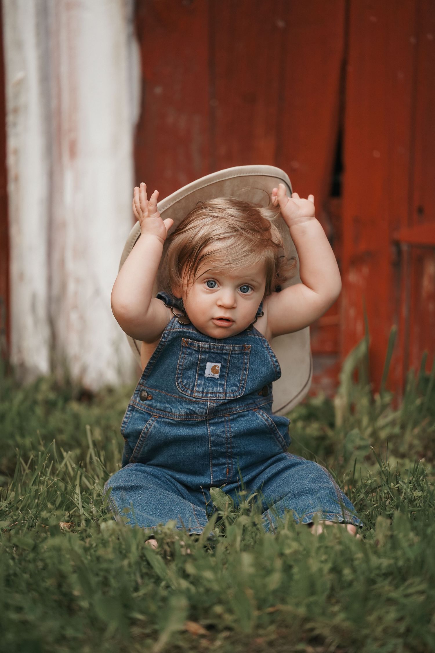 Three connected photos showing a baby in blue overalls sitting on grass in front of a red barn wall with their hands up.
