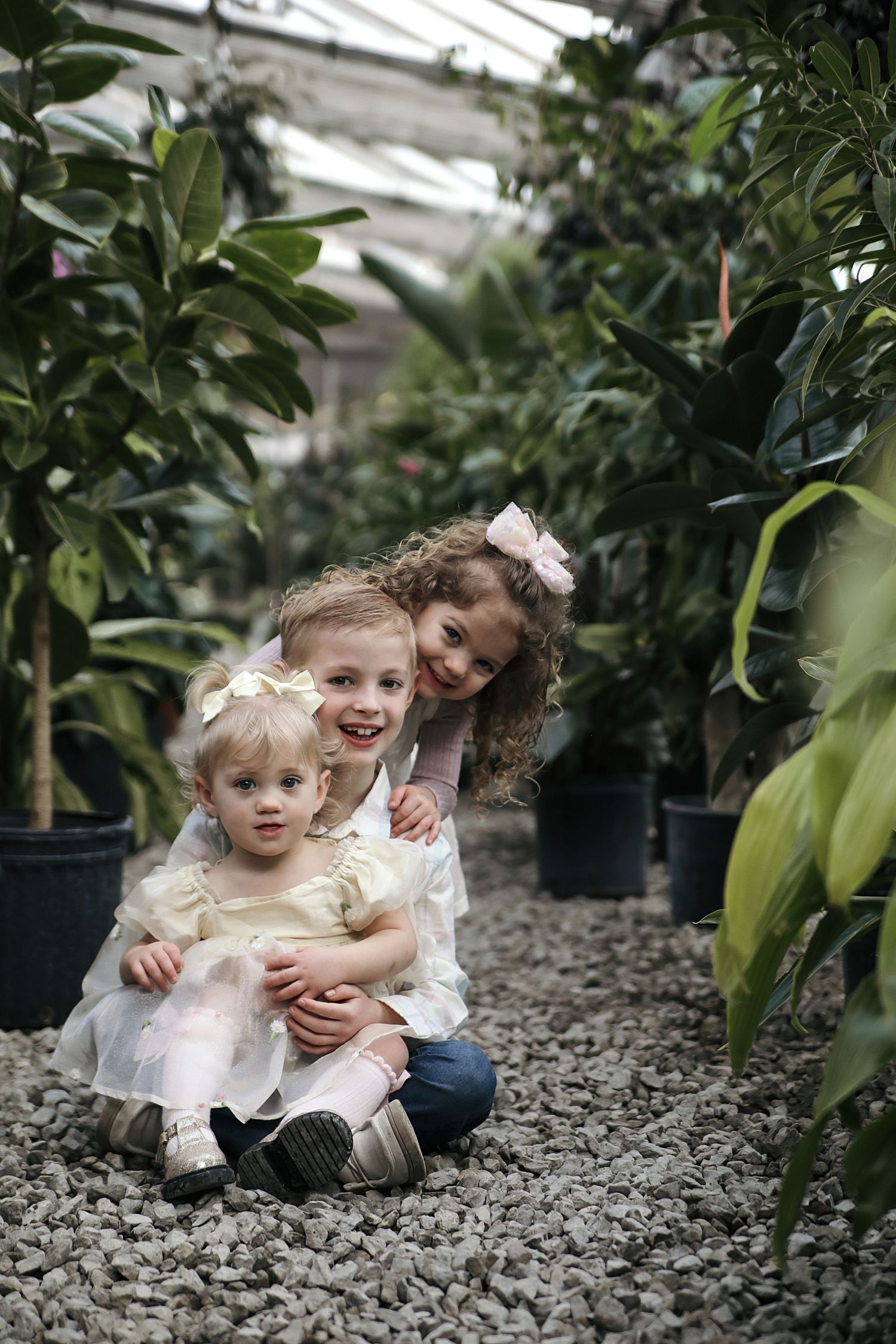 Three candid photos of people sitting and laughing together amongst lush green plants in a greenhouse setting.