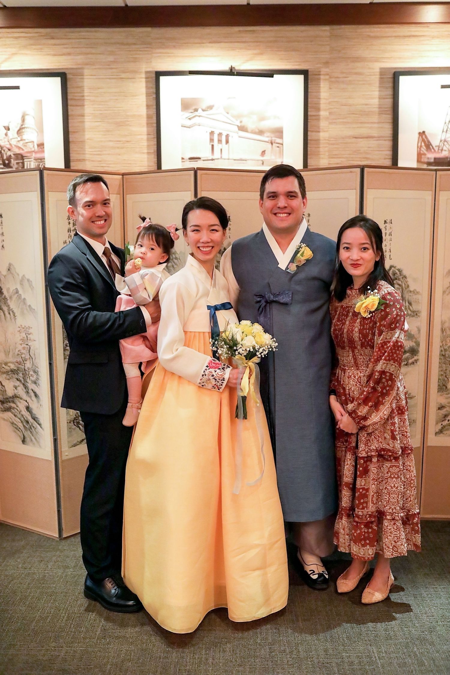 A collection of images showing attendees at a formal event wearing traditional Korean hanbok dresses and business attire.